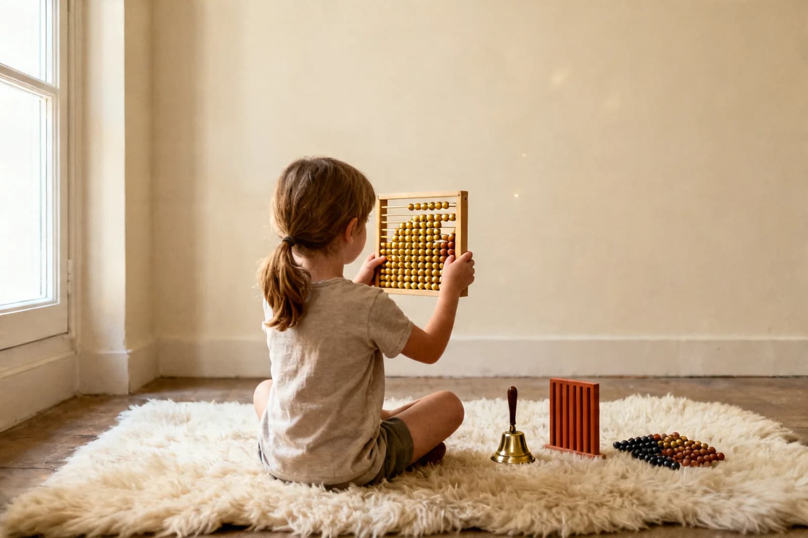 A child holds the thousand-cube in both hands — the weight itself teaches what "a thousand" means