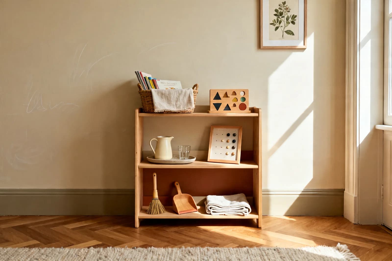 Ein niedriges Eichenregal auf Kinderhöhe mit Büchern, einer kleinen Kanne und Werkzeugen für Übungen des täglichen Lebens — das Fundament einer vorbereiteten Umgebung.