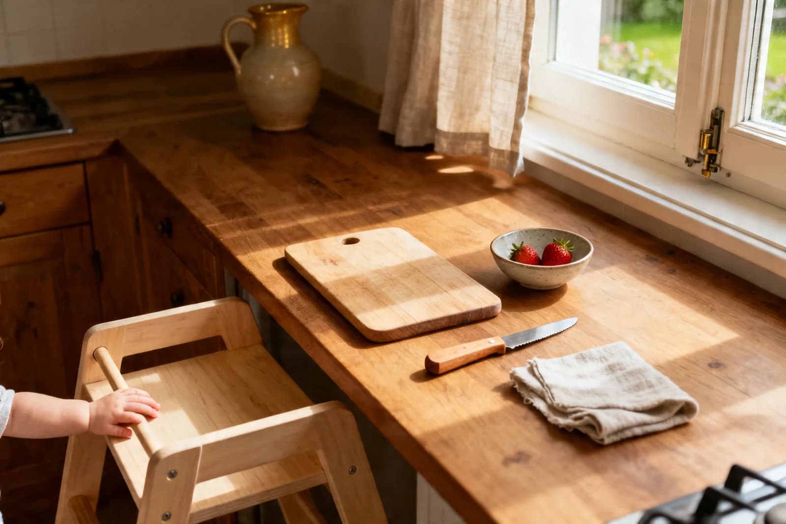 Ein Lernturm in der Küche mit kindgerechtem Schneidebrett und Erdbeeren — Übungen des täglichen Lebens beginnen dort, wo die Familie ohnehin Zeit verbringt.