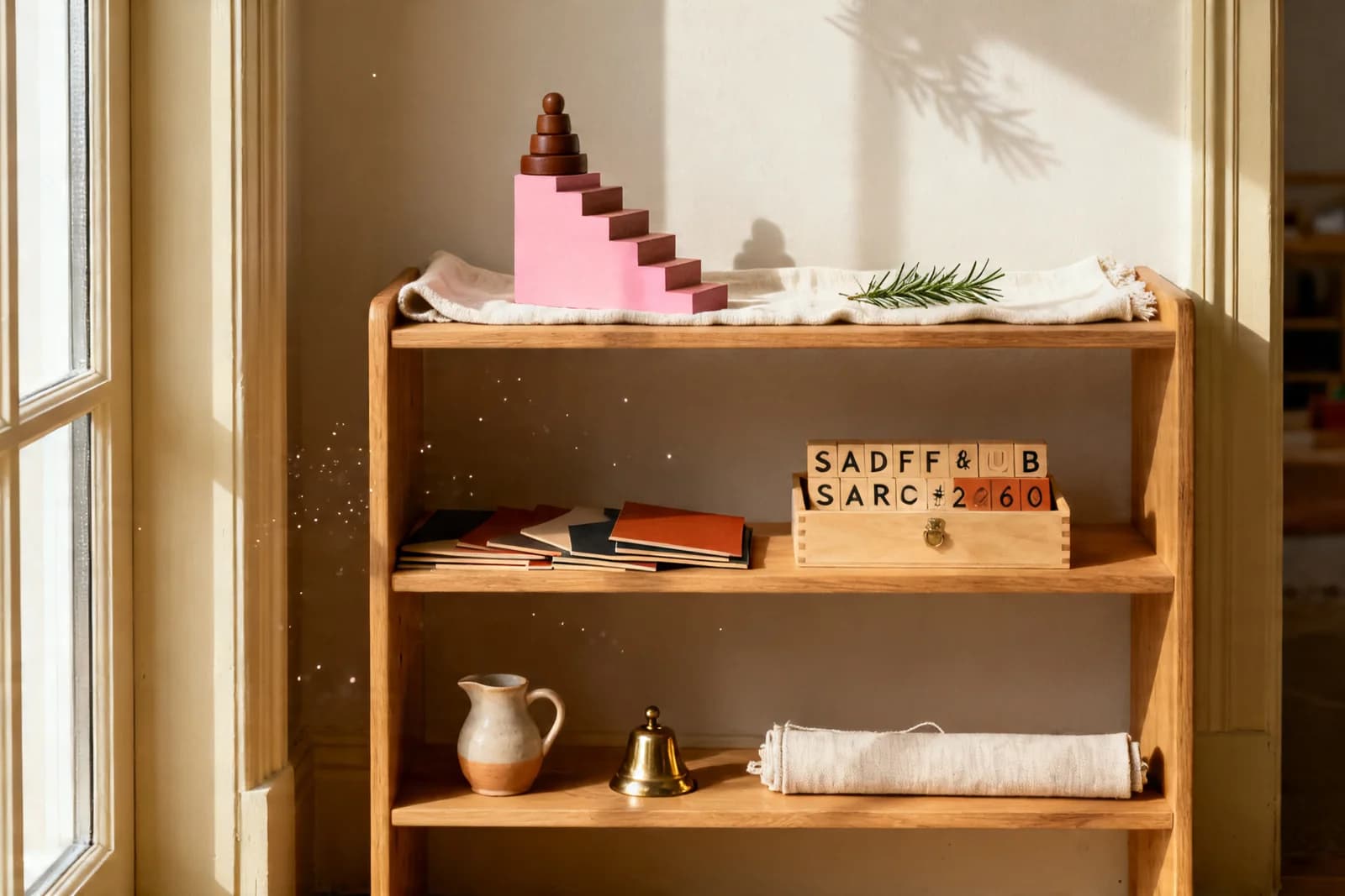 A prepared shelf at child height — materials arranged left to right in order of developmental difficulty.