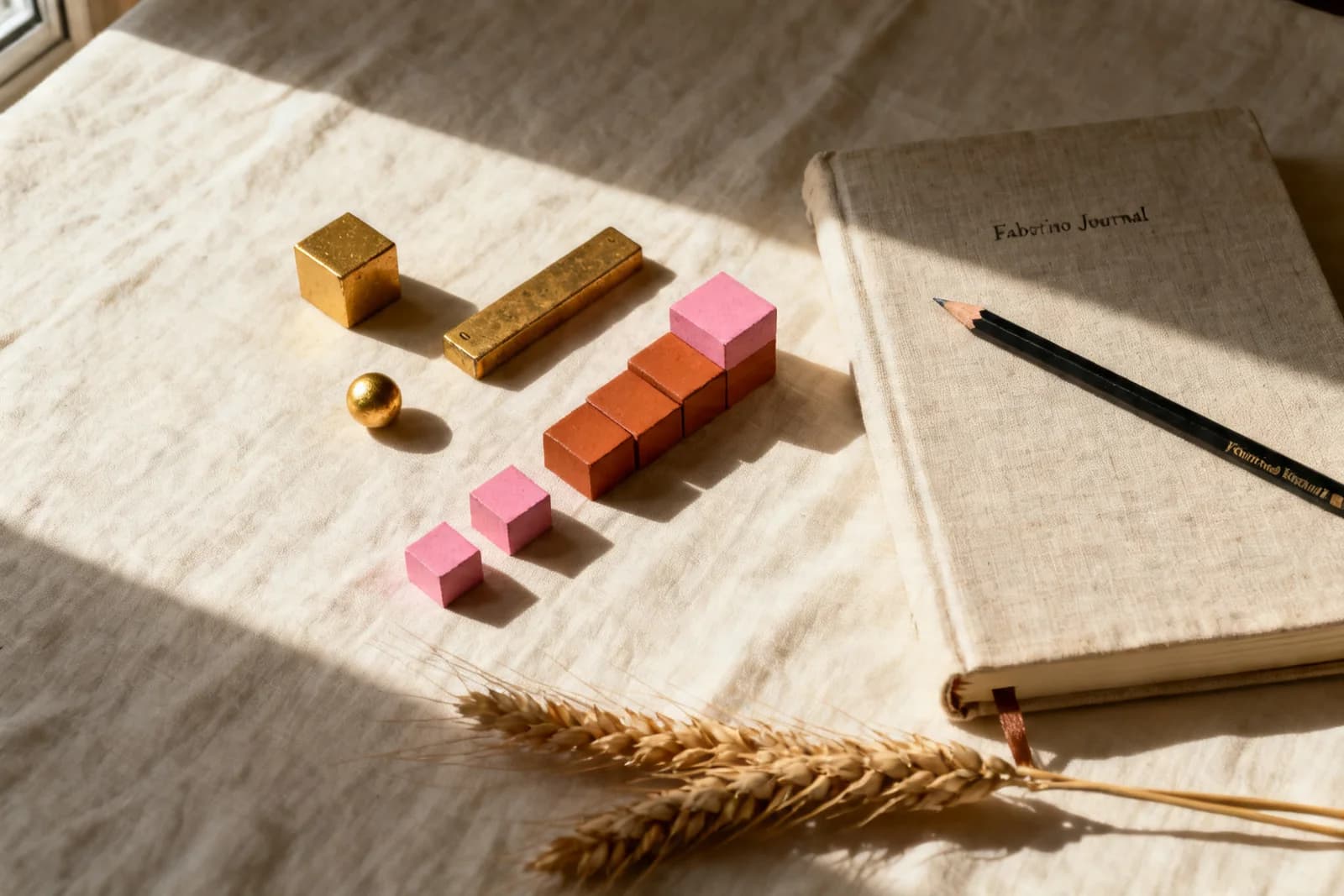 Overhead view of the Golden Bead hierarchy — unit, ten, hundred, thousand — alongside a Faborino Journal notebook.