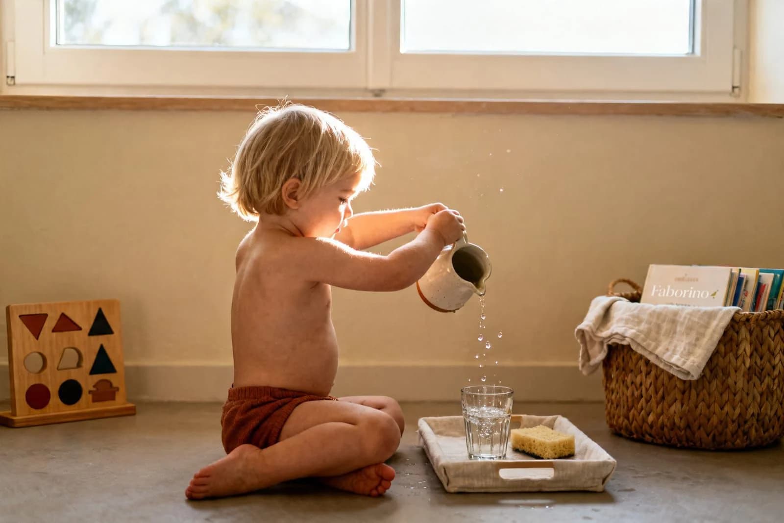 Batole přelévá vodu z malého keramického džbánku — určující cvičení praktického života druhého roku života.