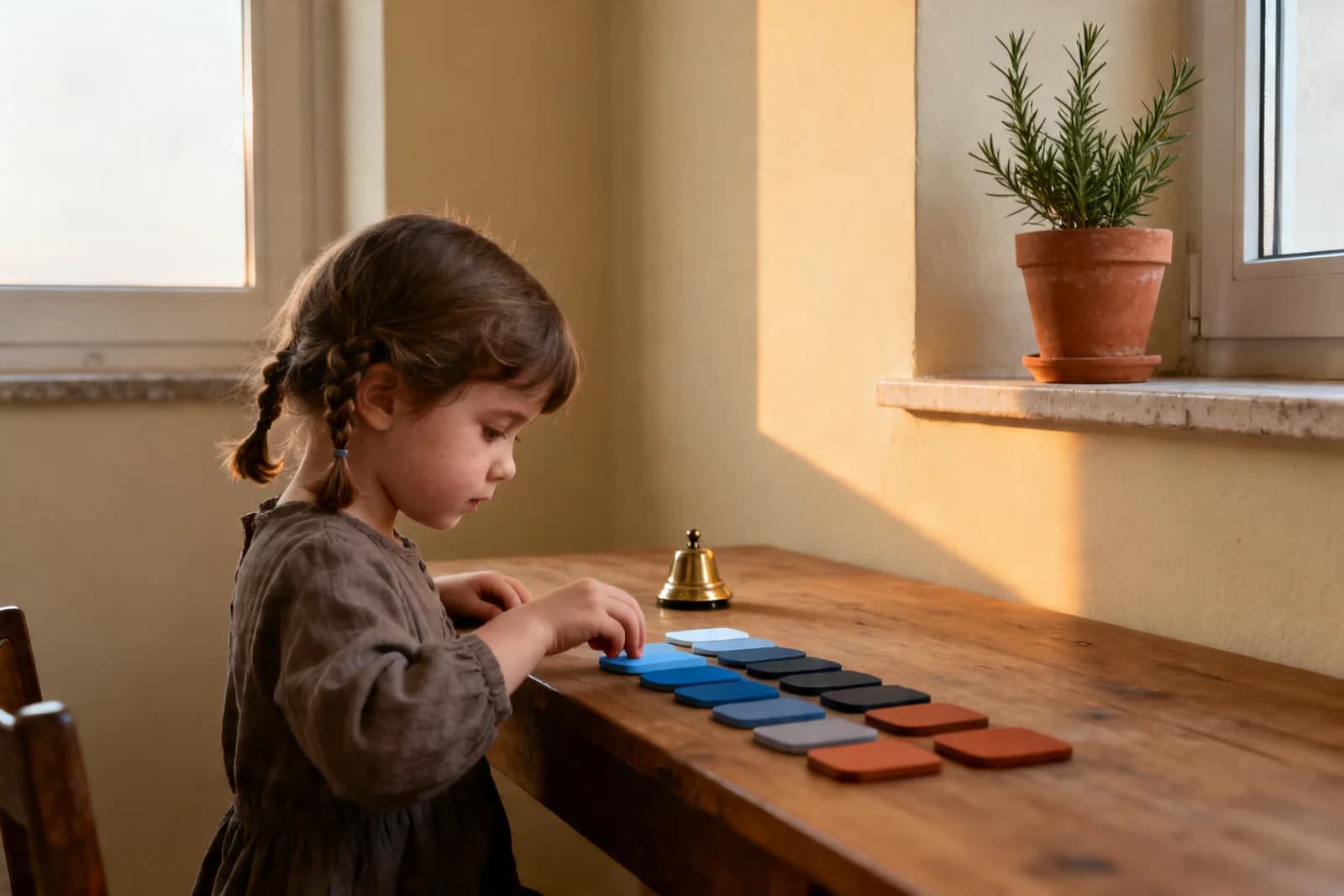 Čtyřleté dítě při práci s barevnými destičkami — rafinované rozlišování nahrazující šestipárové přiřazování batolecích let.