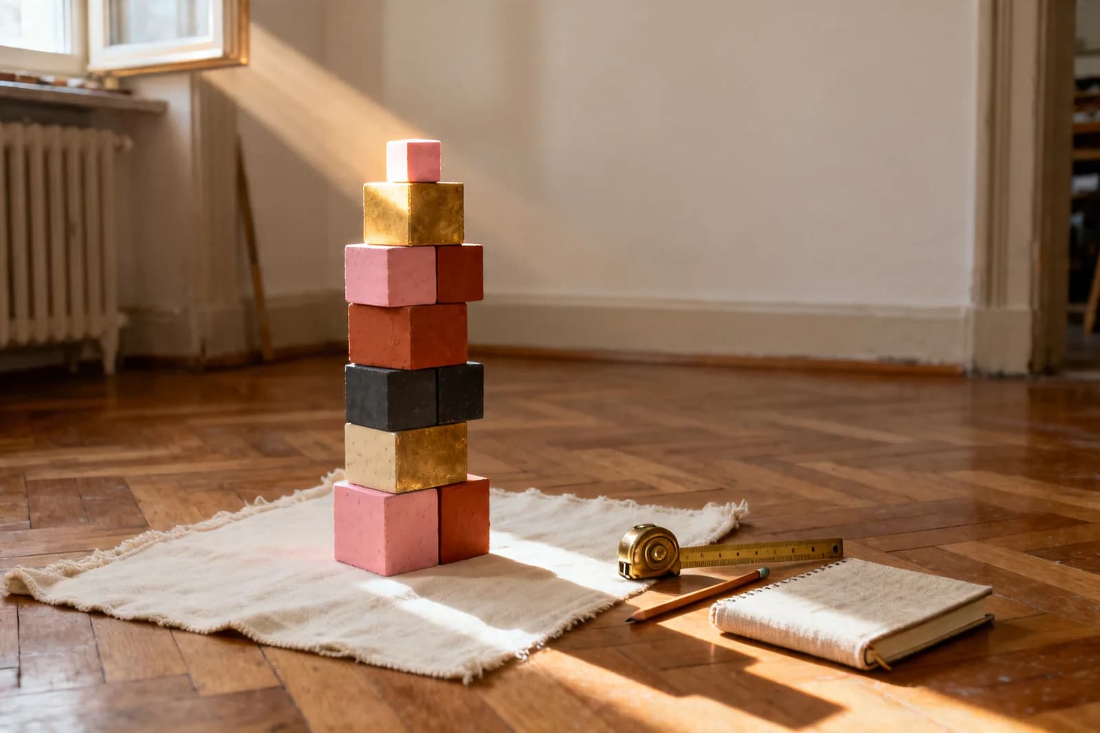 The finished Pink Tower with a brass tape measure and notebook — a reminder that precision, not play, is the heart of the work.