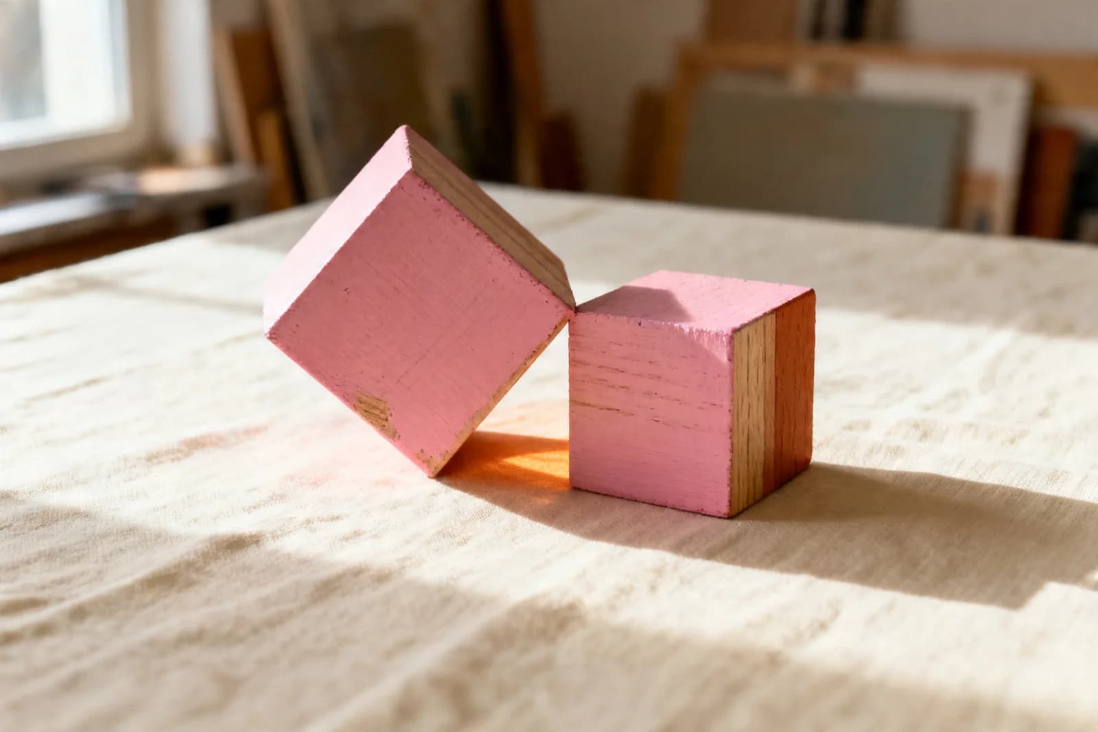 Macro close-up of two cubes — the uniform lacquer and visible wood grain reveal the craftsmanship a photograph rarely captures.