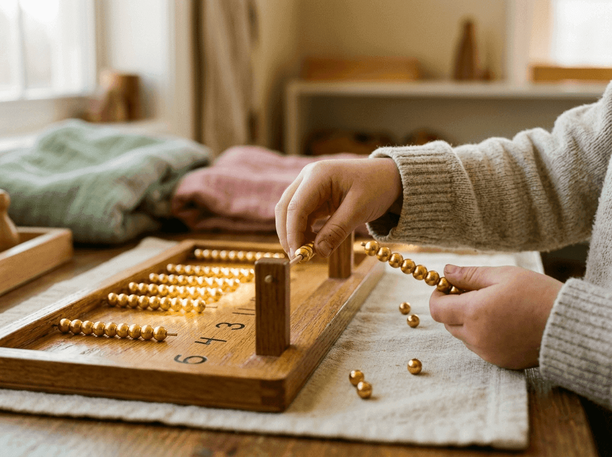 Detail detských rúk pri práci so zlatými Montessori perlami