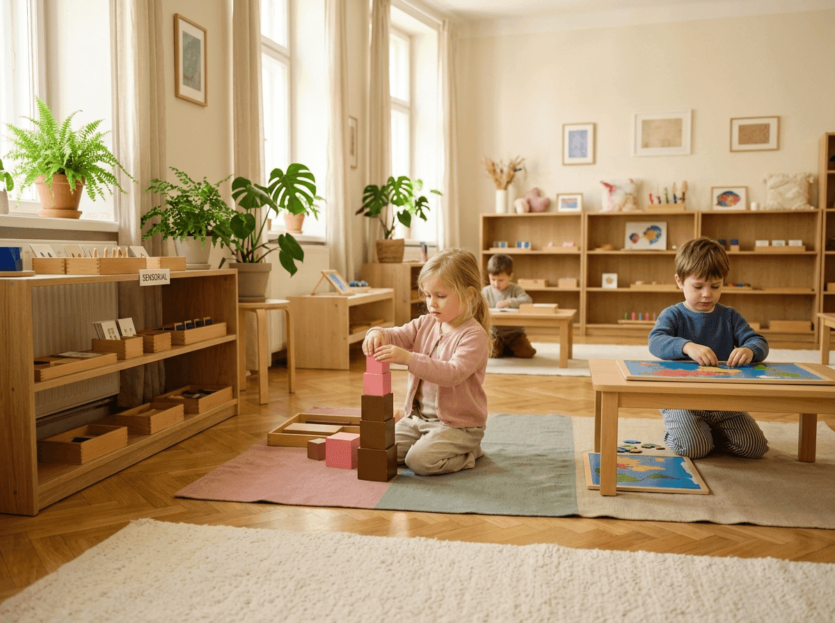 Deti pri práci s Montessori pomôckami vo svetlej triede