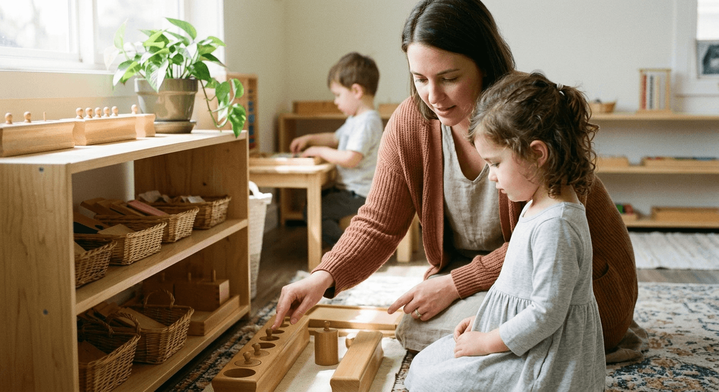 Sprievodkyňa jemne predstavuje Montessori pomôcku dieťaťu