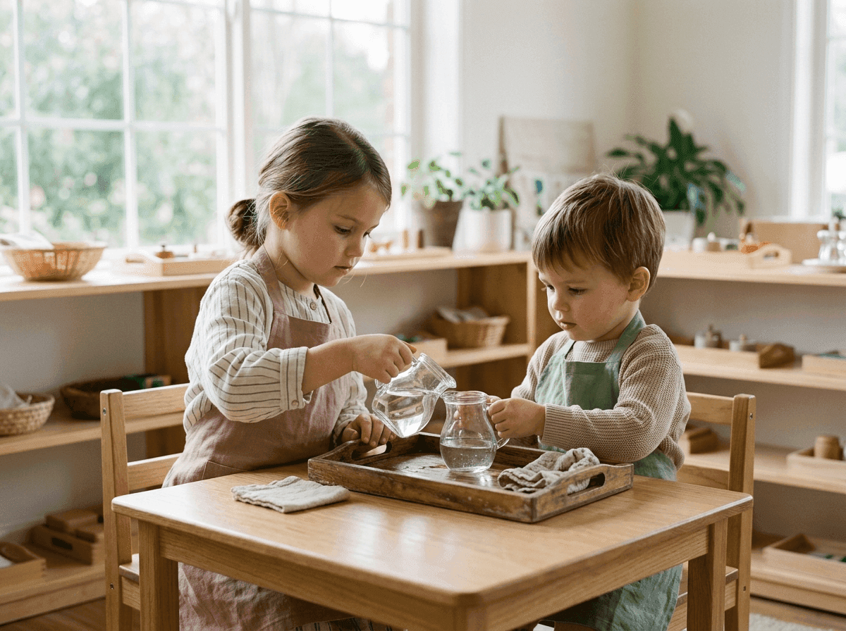 Zwei Kinder bei einer praktischen Montessori-Übung