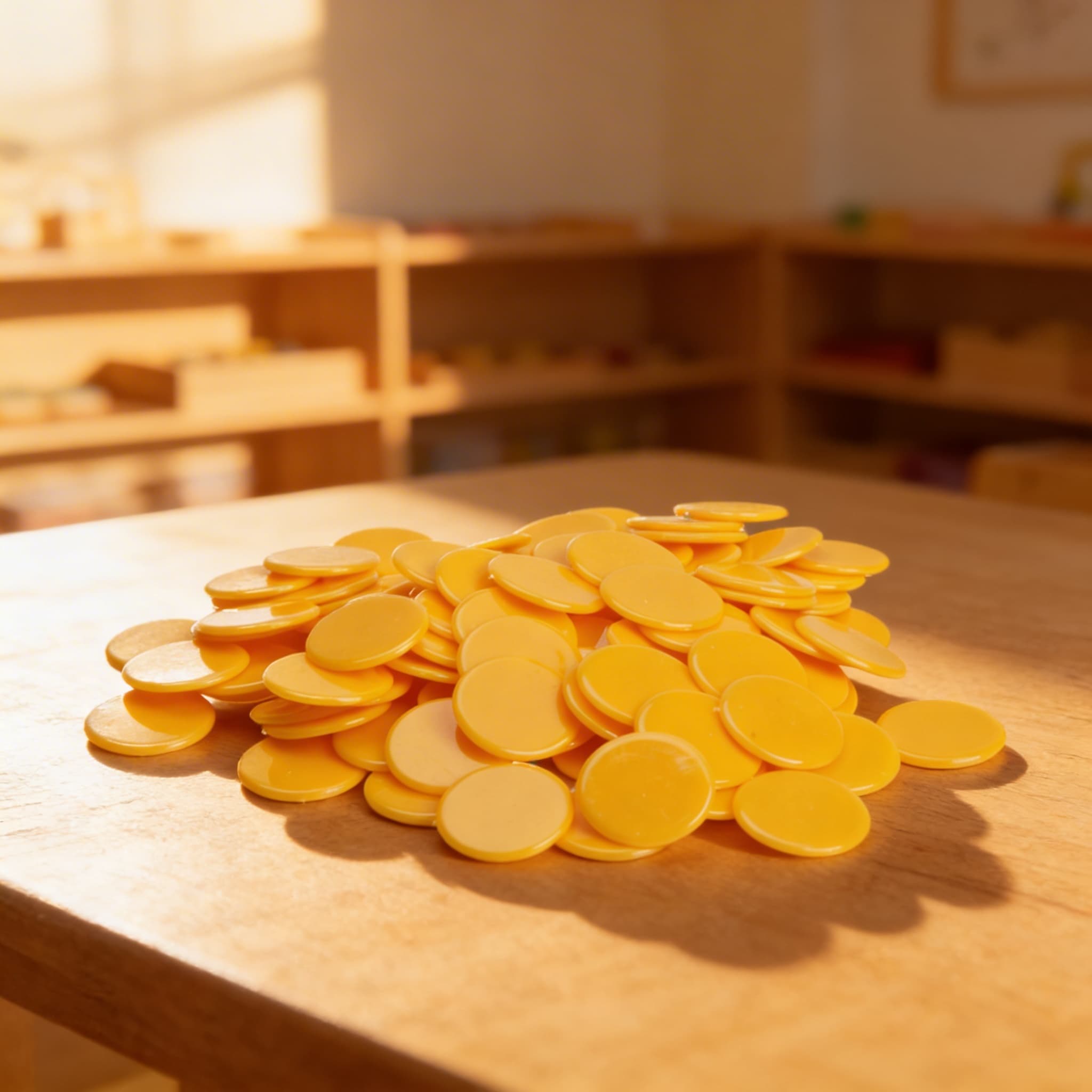 Zählchips — 100 gelbe Plastikchips für Mathematik — Im Einsatz