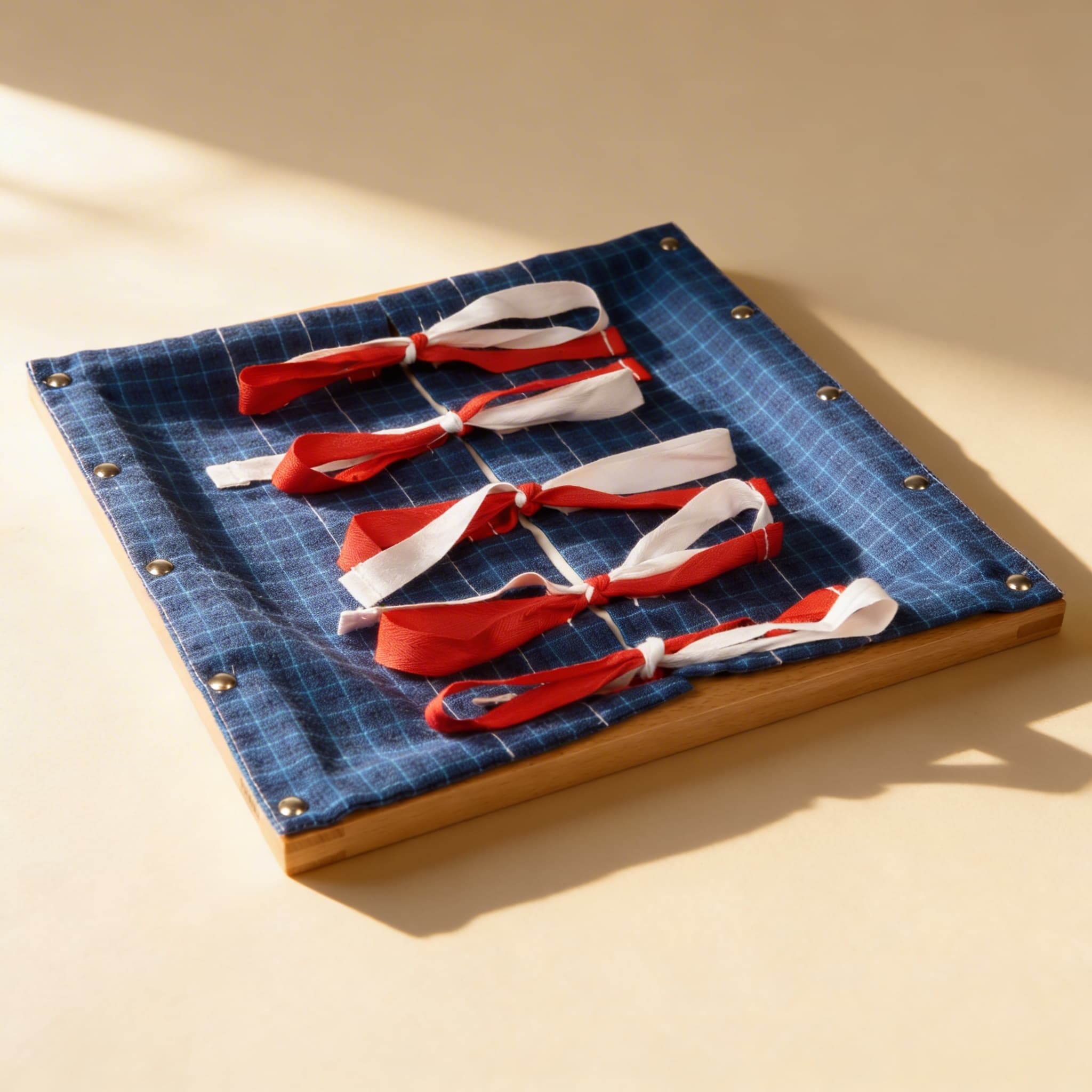 Schleifenbinde-Rahmen — fünf Bändersätze für Koordinationsübung — Seitenansicht