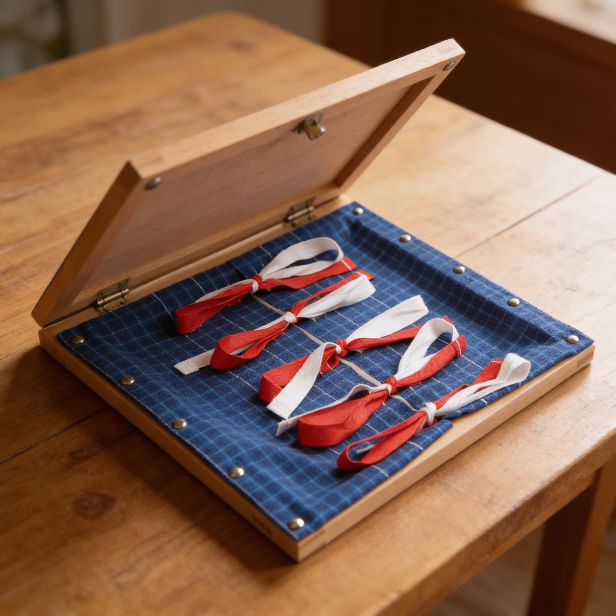 Schleifenbinde-Rahmen — fünf Bändersätze für Koordinationsübung — Detailansicht