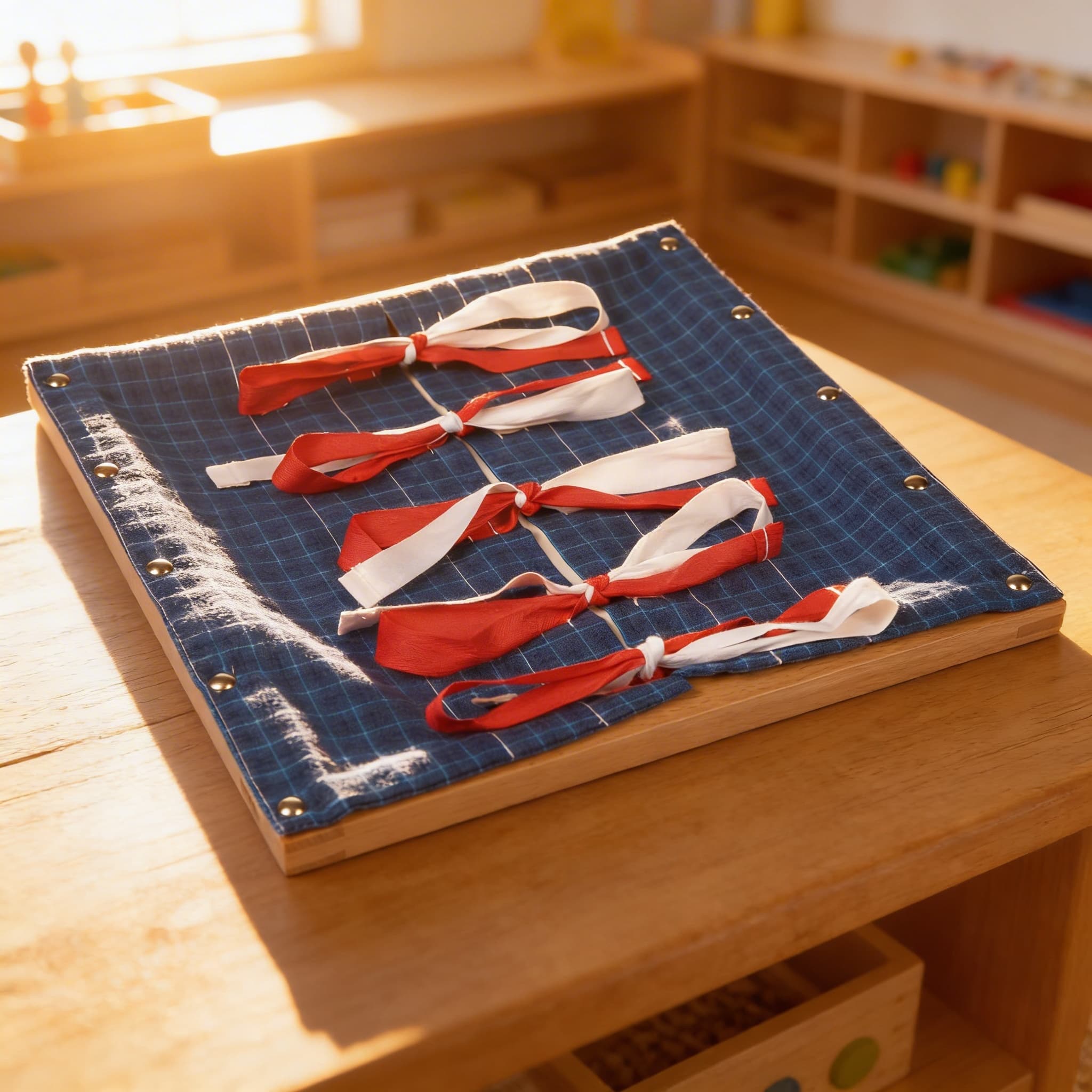 Schleifenbinde-Rahmen — fünf Bändersätze für Koordinationsübung — Im Einsatz