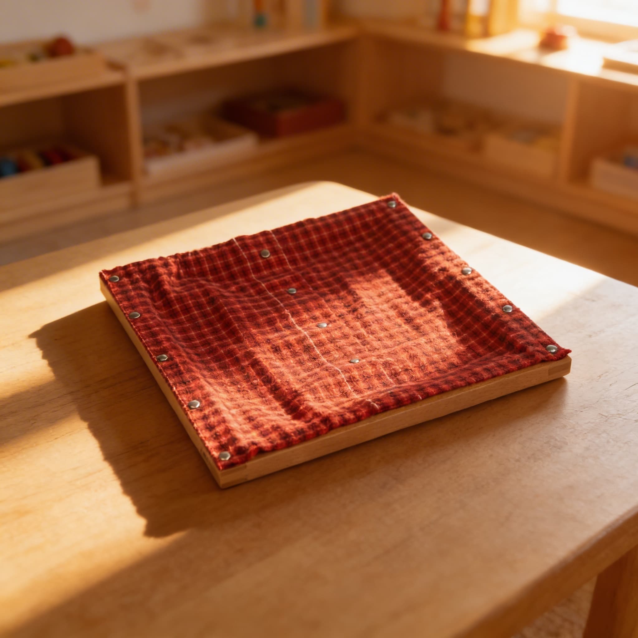 Anziehrahmen: Druckknöpfe — Metallknöpfe auf Rot-Schwarz Karo — Im Einsatz