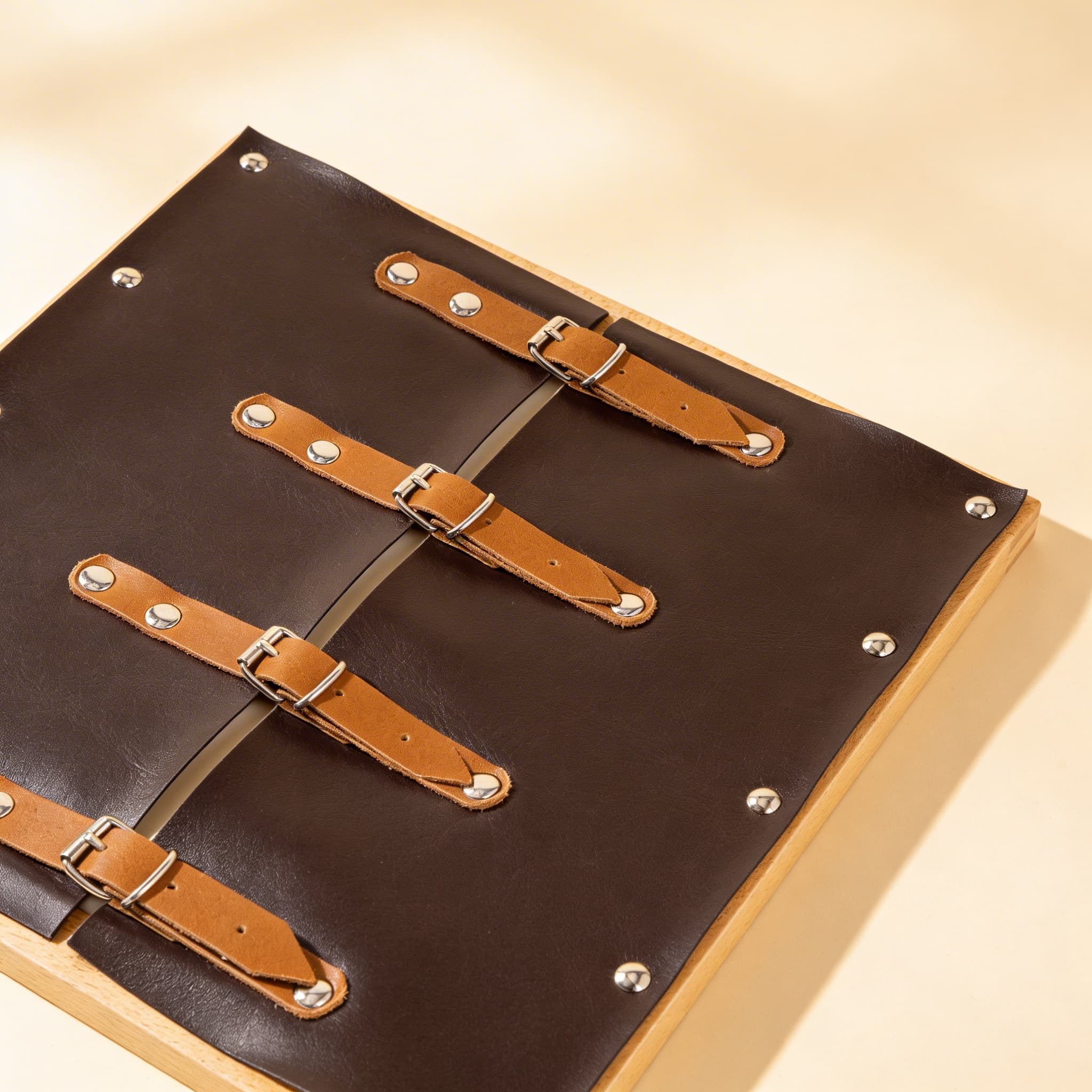 Anziehrahmen: Schnallen — Vier Metallschnallen auf Lederriemen — Seitenansicht