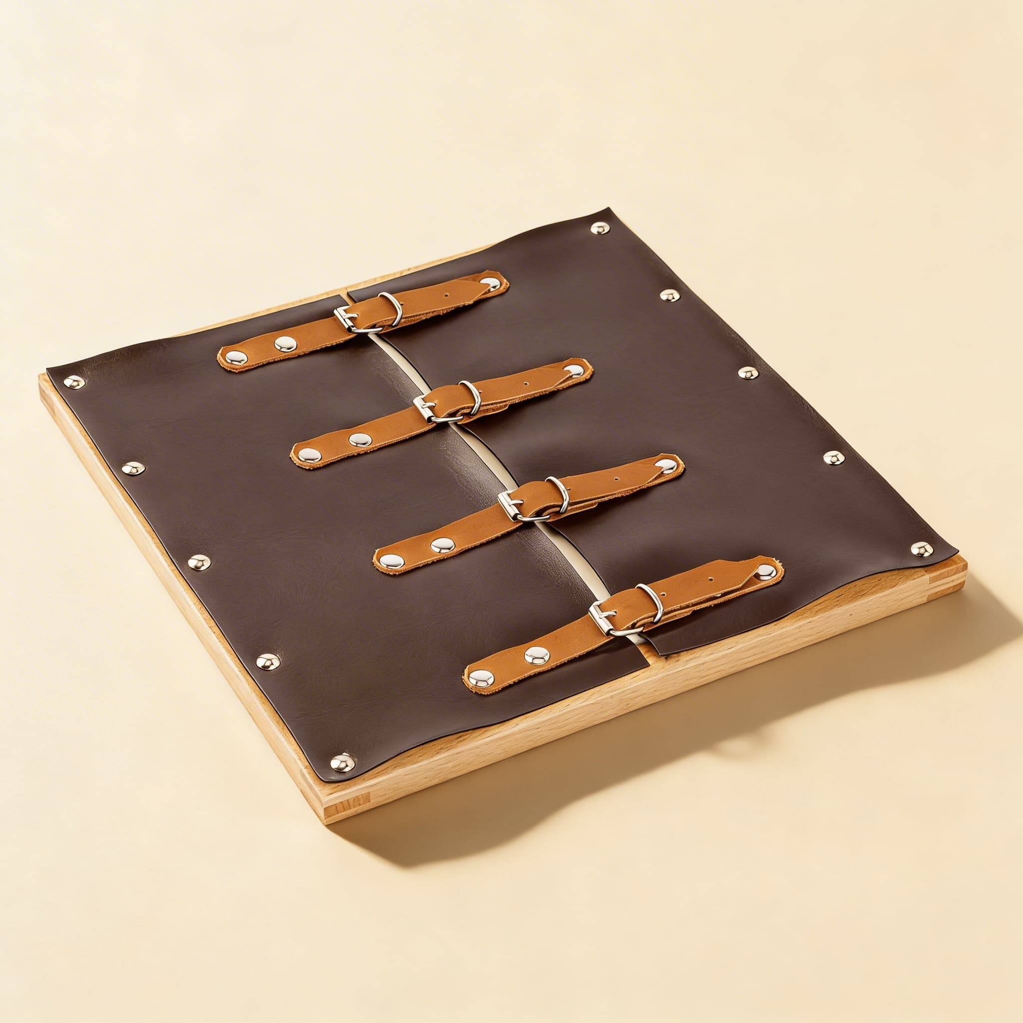 Anziehrahmen: Schnallen — Vier Metallschnallen auf Lederriemen — Katalogansicht