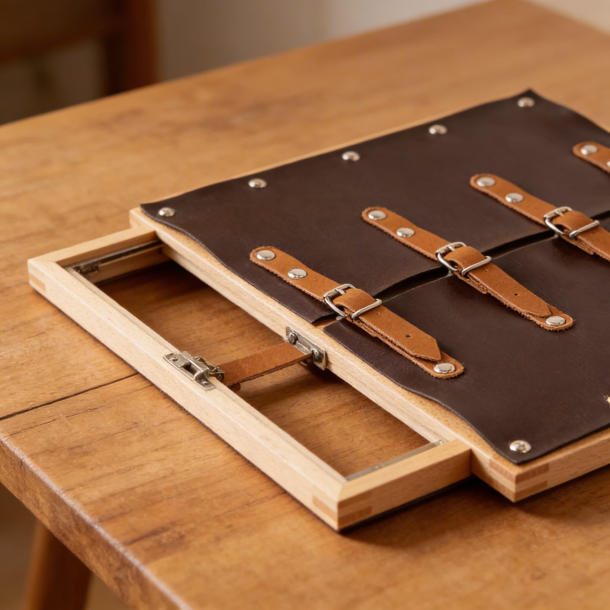 Anziehrahmen: Schnallen — Vier Metallschnallen auf Lederriemen — Detailansicht