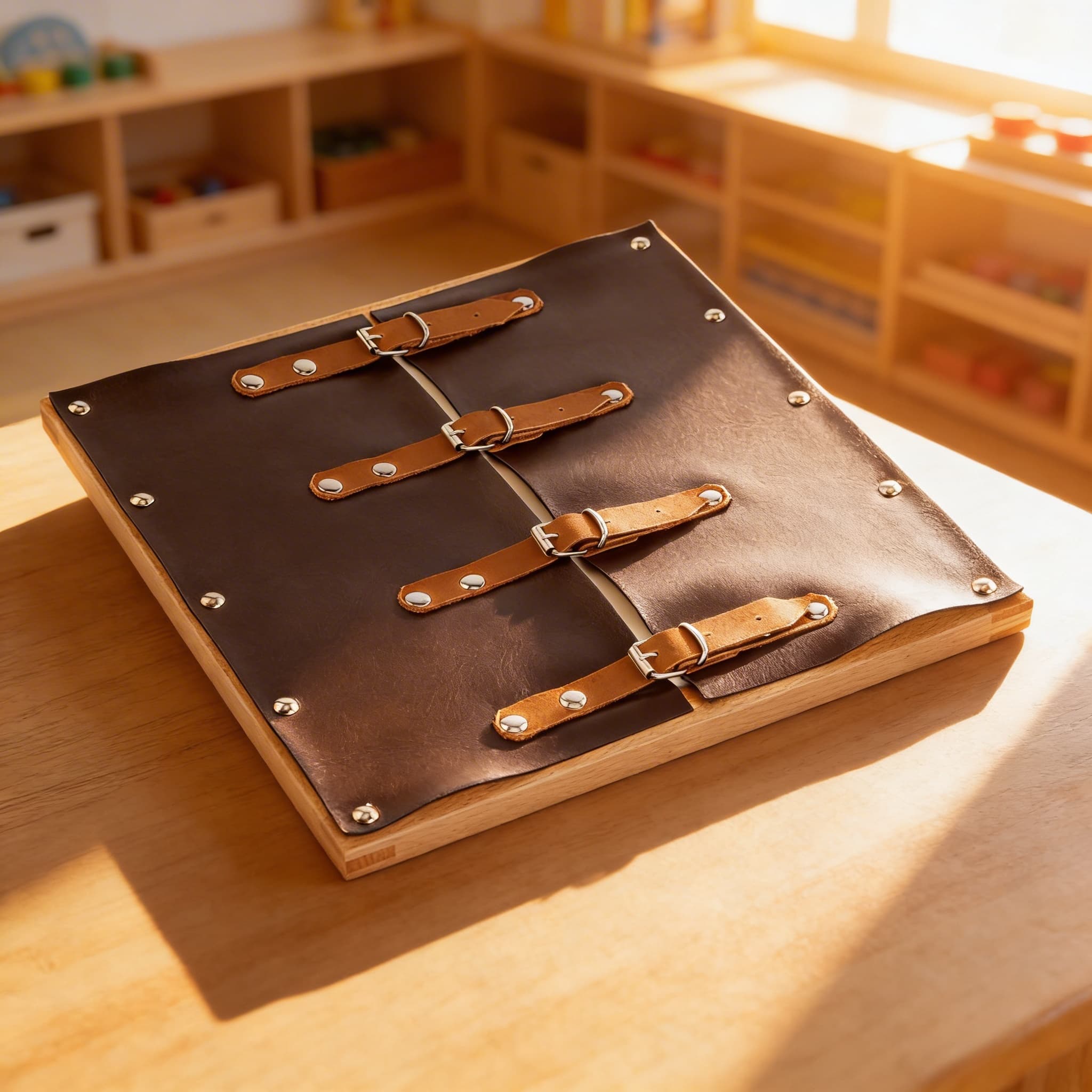 Anziehrahmen: Schnallen — Vier Metallschnallen auf Lederriemen — Im Einsatz