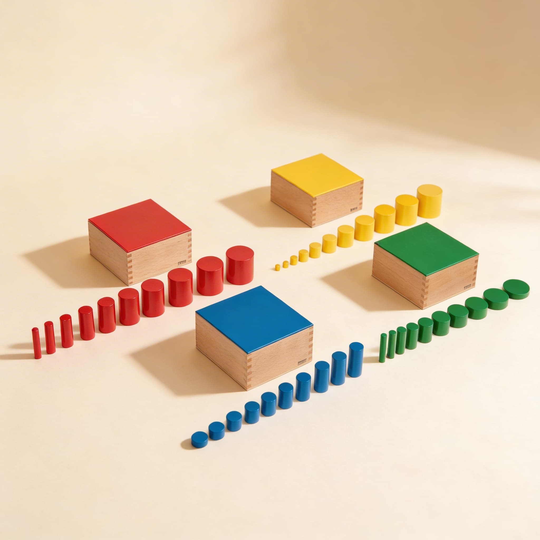 Zylinderblöcke ohne Griffe — Vier Blöcke für Dimensionsunterscheidung — Seitenansicht