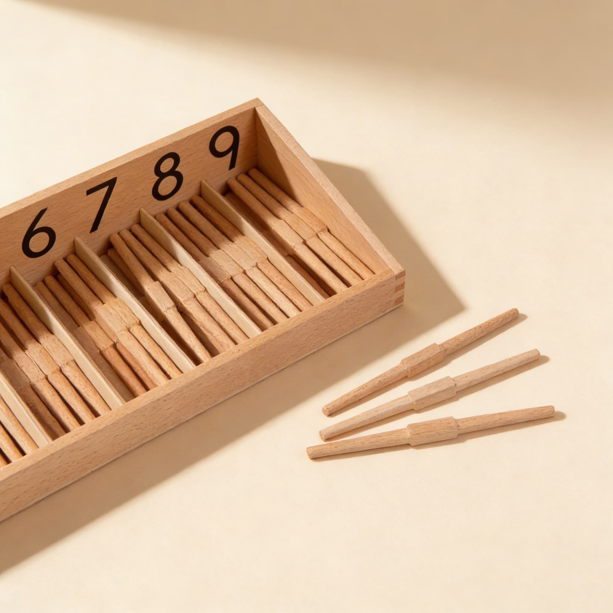 Spindelkasten — Null-Konzept & Zählübung mit Holzspindeln — Seitenansicht