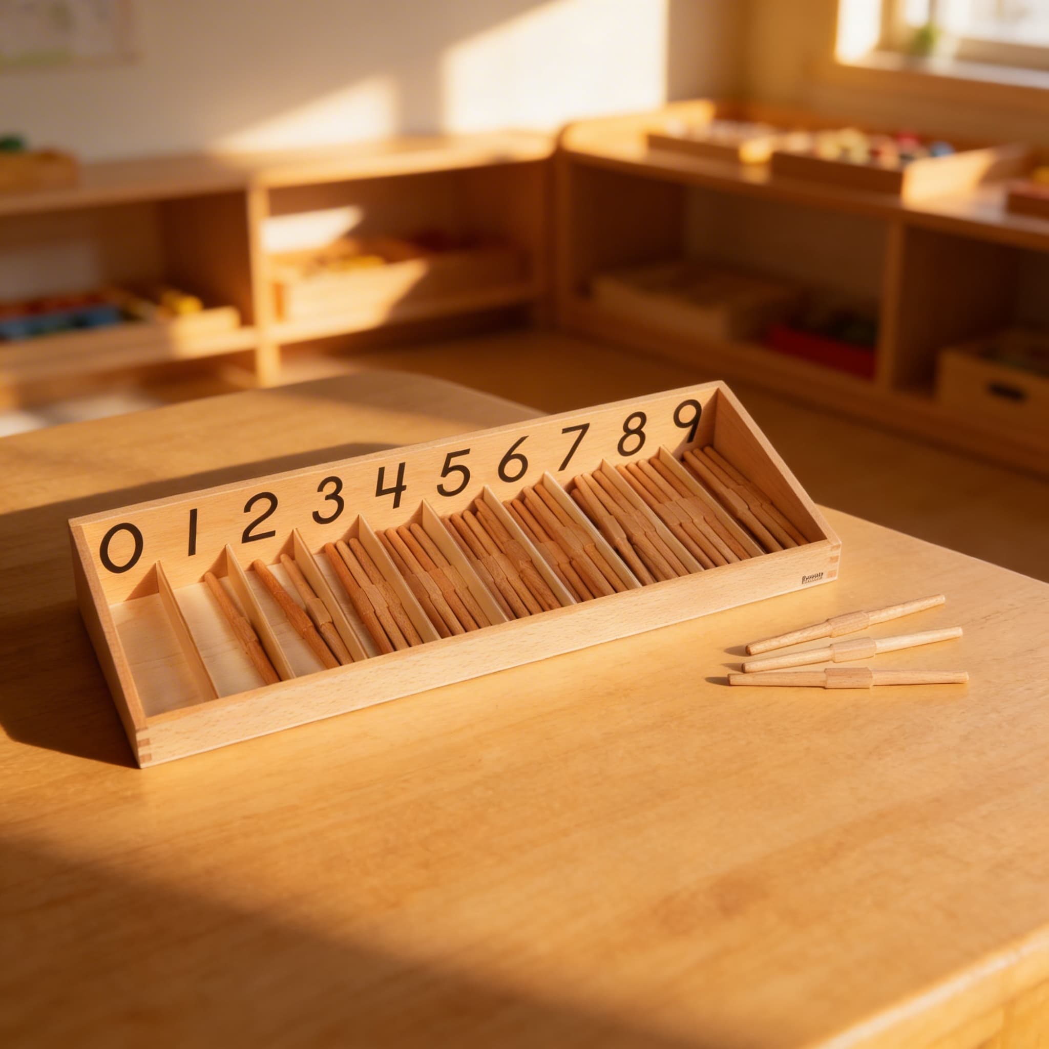 Spindelkasten — Null-Konzept & Zählübung mit Holzspindeln — Im Einsatz