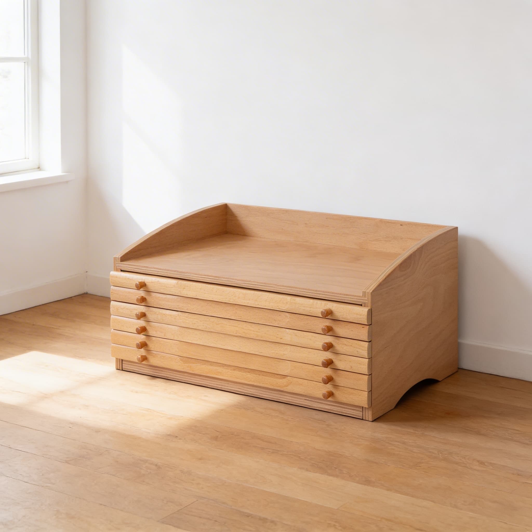 Geometrische Kommode — sechs Schubladen mit geometrischen Einsätzen — Seitenansicht