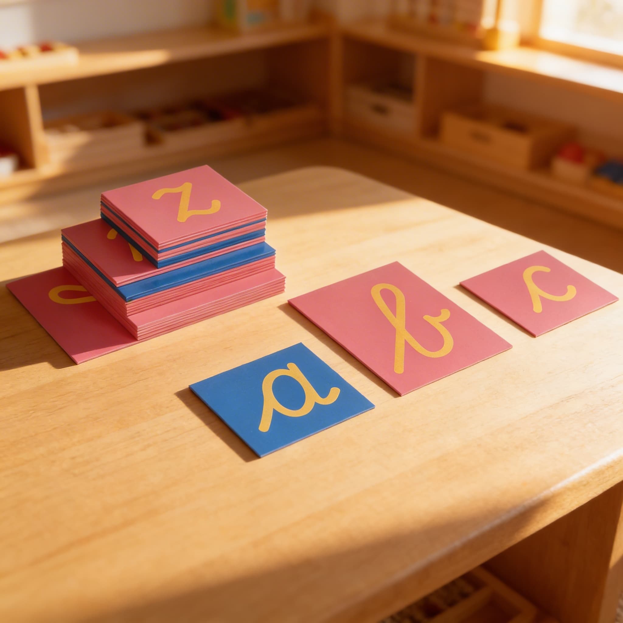 Sandpapierbuchstaben — Internationale Schreibschrift auf Holz — Im Einsatz