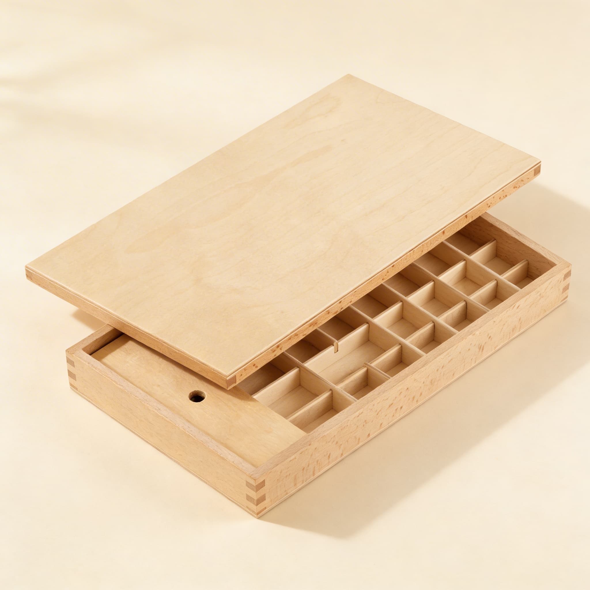 Kleine Bewegliche Alphabet-Box — Holzaufbewahrung mit Schiebedeckel — Seitenansicht