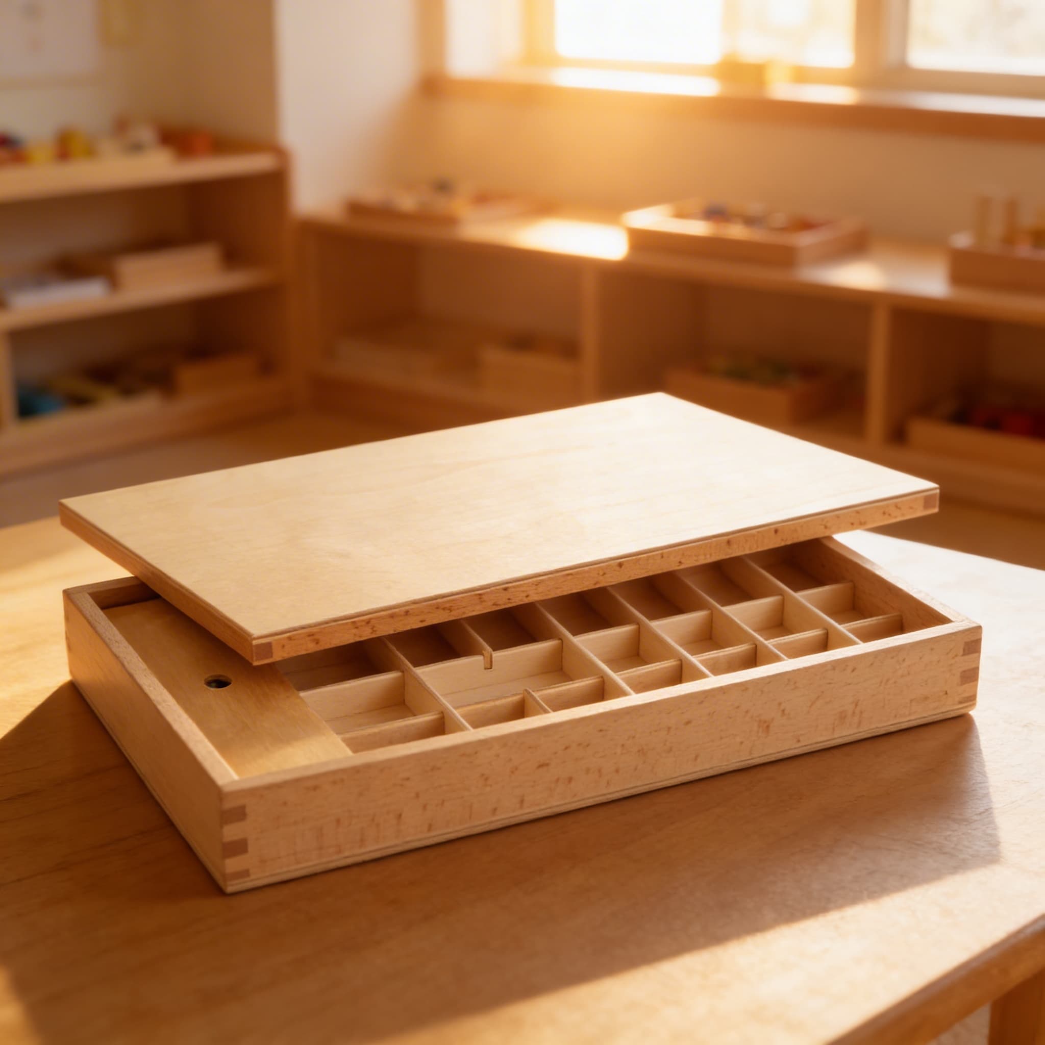 Kleine Bewegliche Alphabet-Box — Holzaufbewahrung mit Schiebedeckel — Im Einsatz