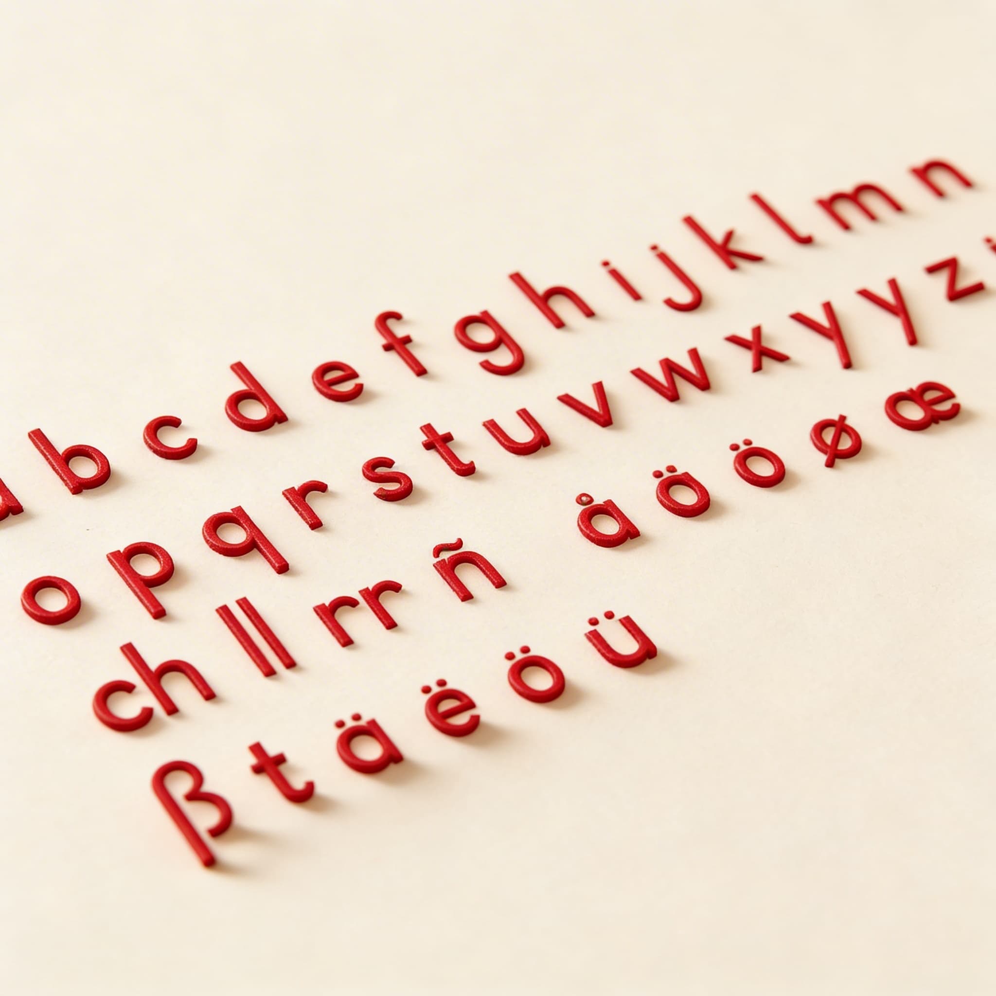Mittleres Bewegliches Alphabet: Internationale Druckschrift — Rot