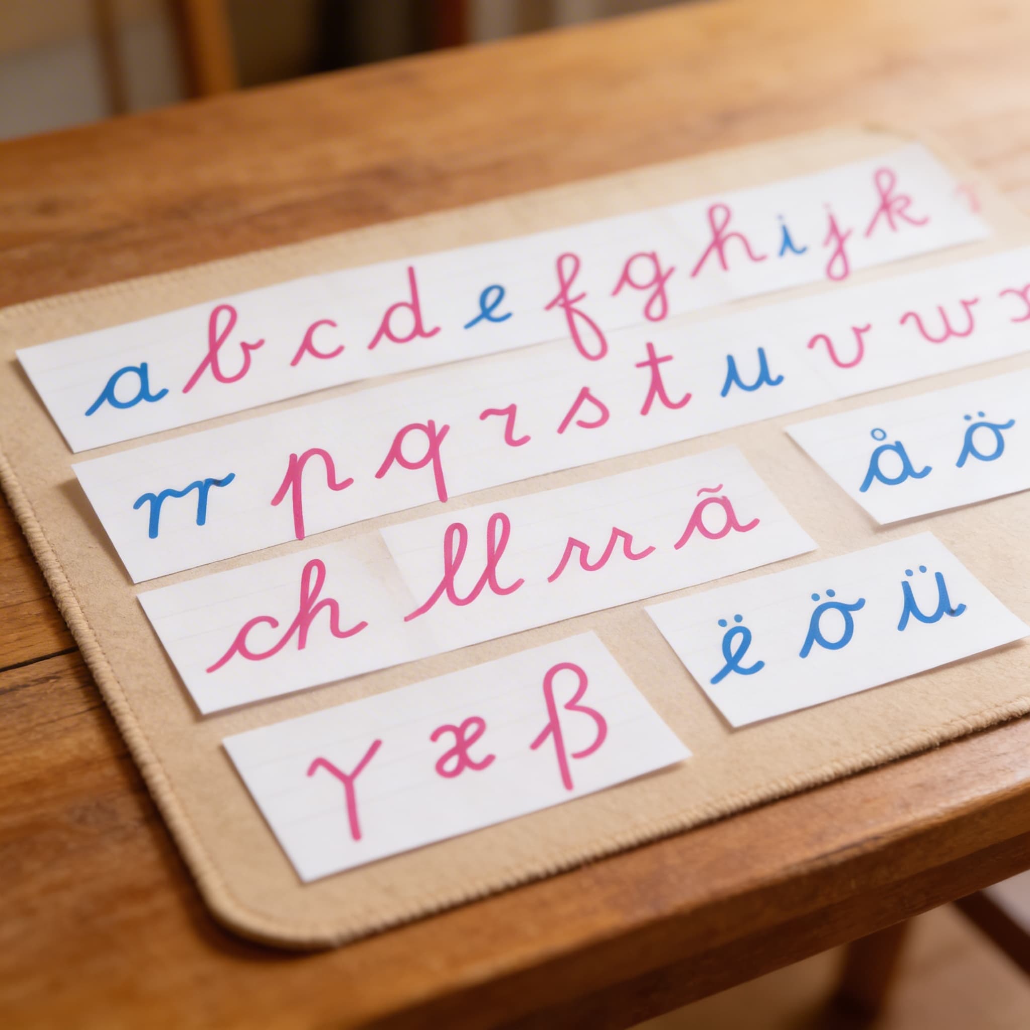 Hölzernes Bewegliches Alphabet: Internationale Schreibschrift — Detailansicht
