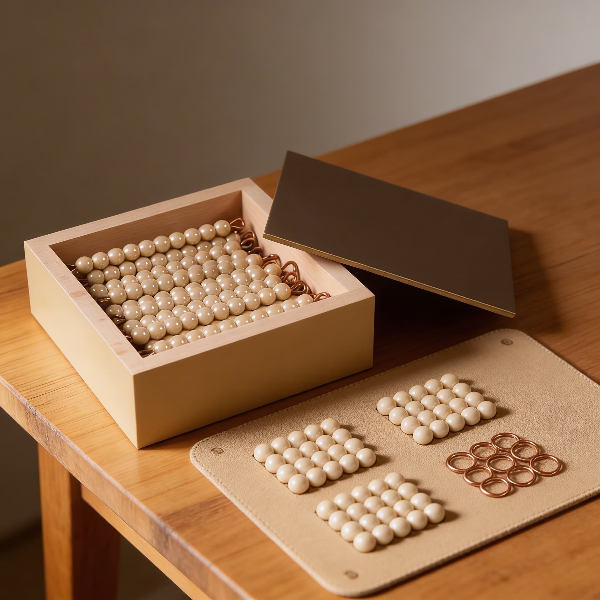 Goldene Perlenstäbe — 45 Zehner mit Einzelnen Glasperlen in Box — Detailansicht