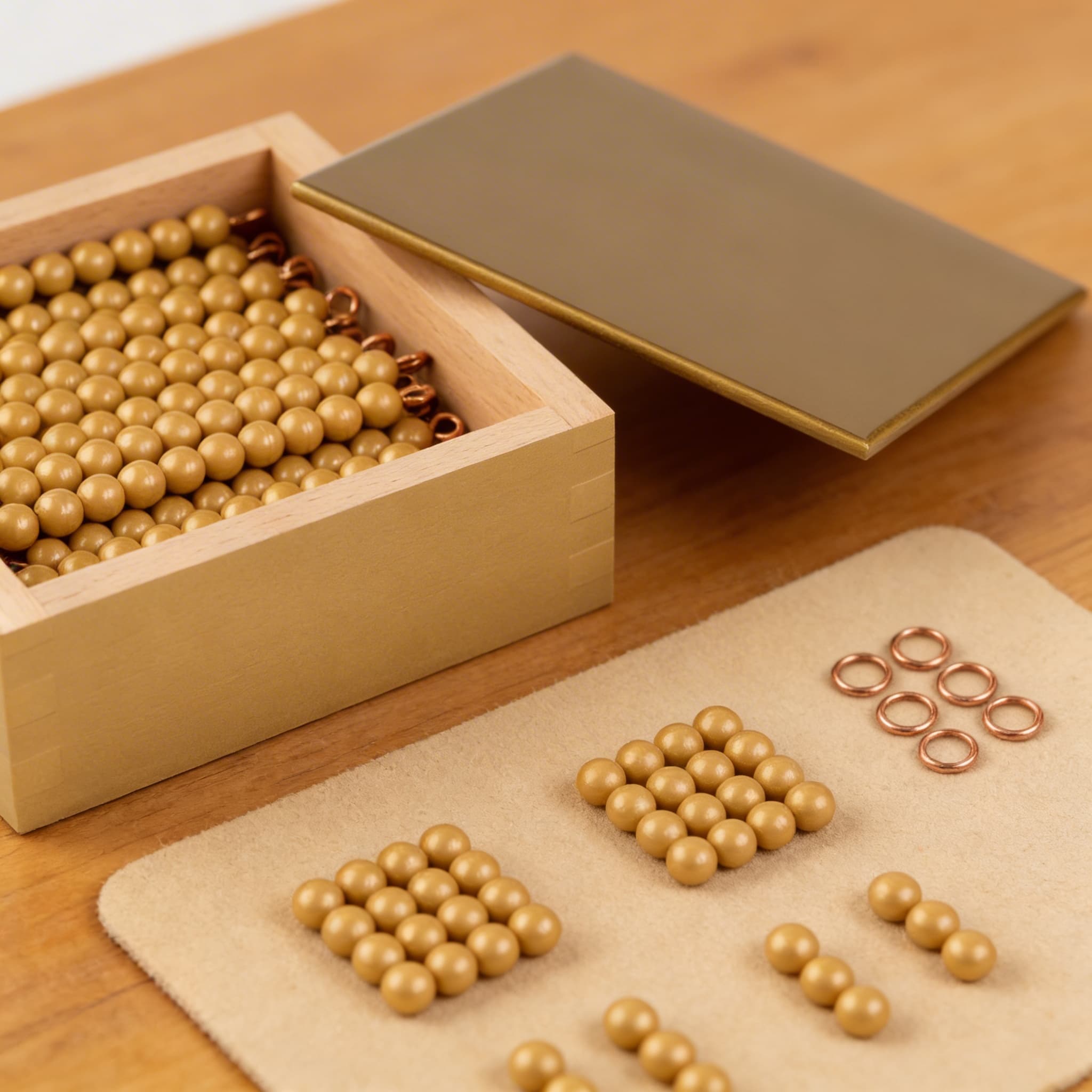 Goldene Perlenstäbe — 45 Zehnerstäbe mit Einzelperlen aus Nylon — Detailansicht