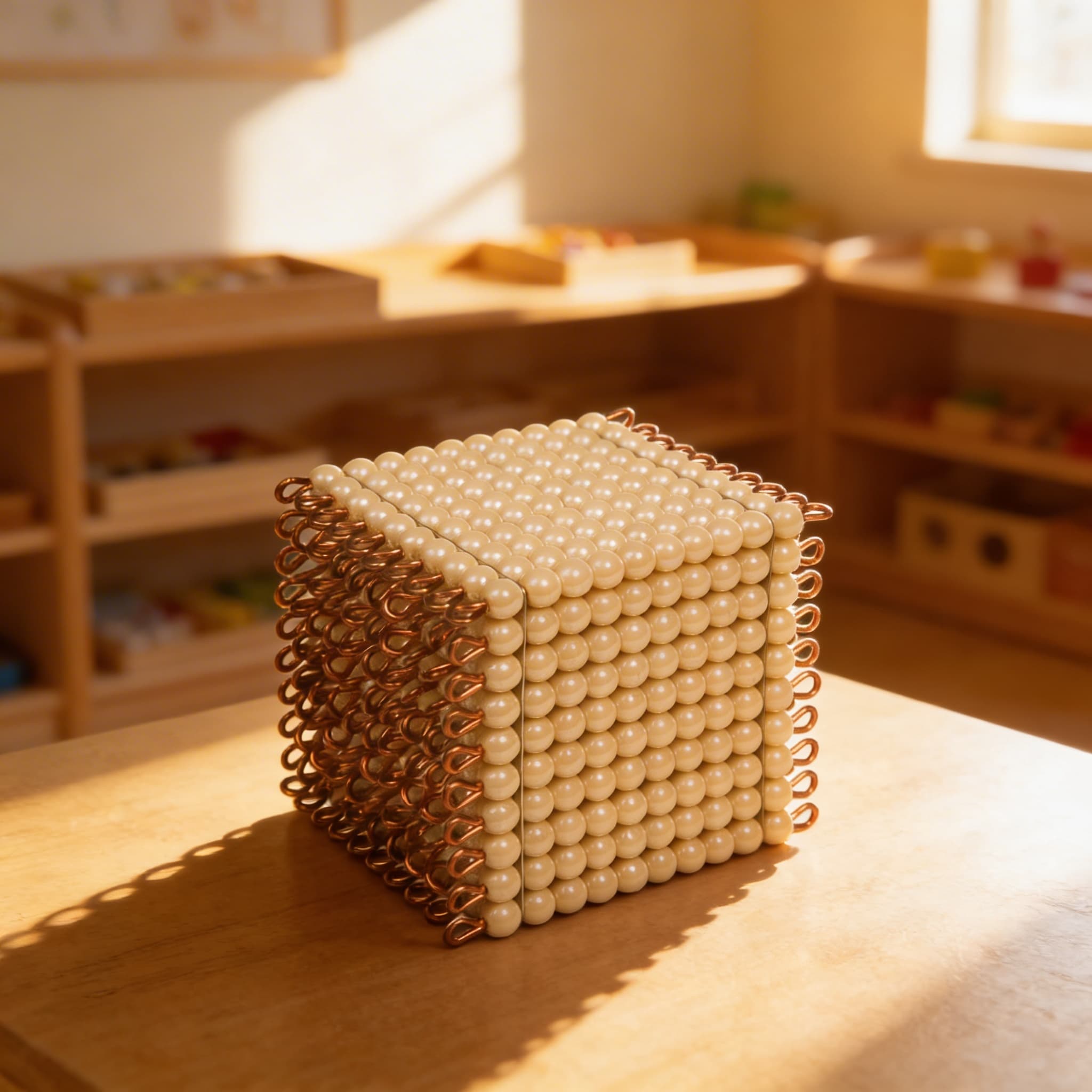 Goldener Perlenwürfel 1000 — Einzelne Glasperlen in 10×10×10 Formation — Im Einsatz