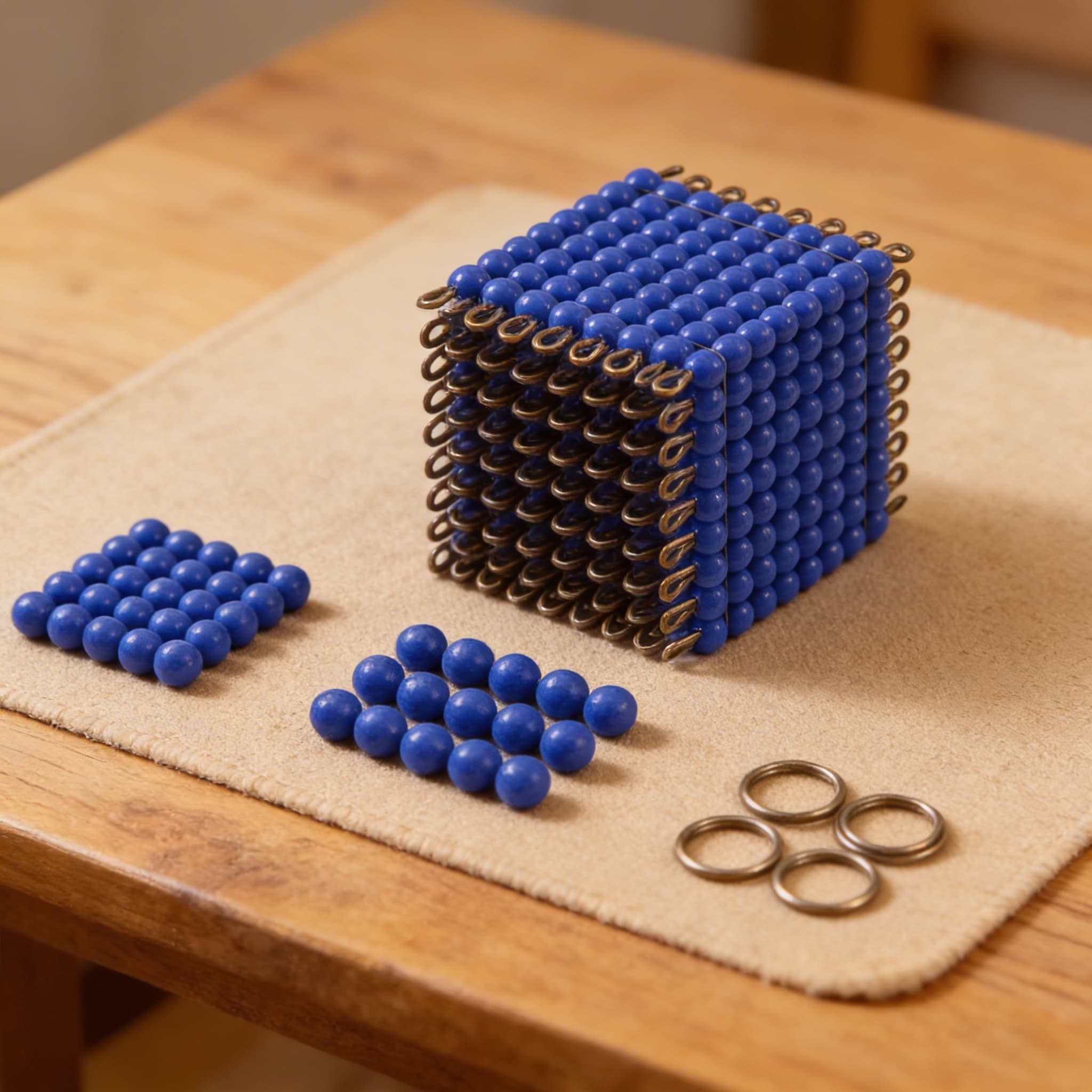 Glasperlen-Würfel der 9 — Dunkelblaues Drahtgestell für 729 Einheiten — Detailansicht