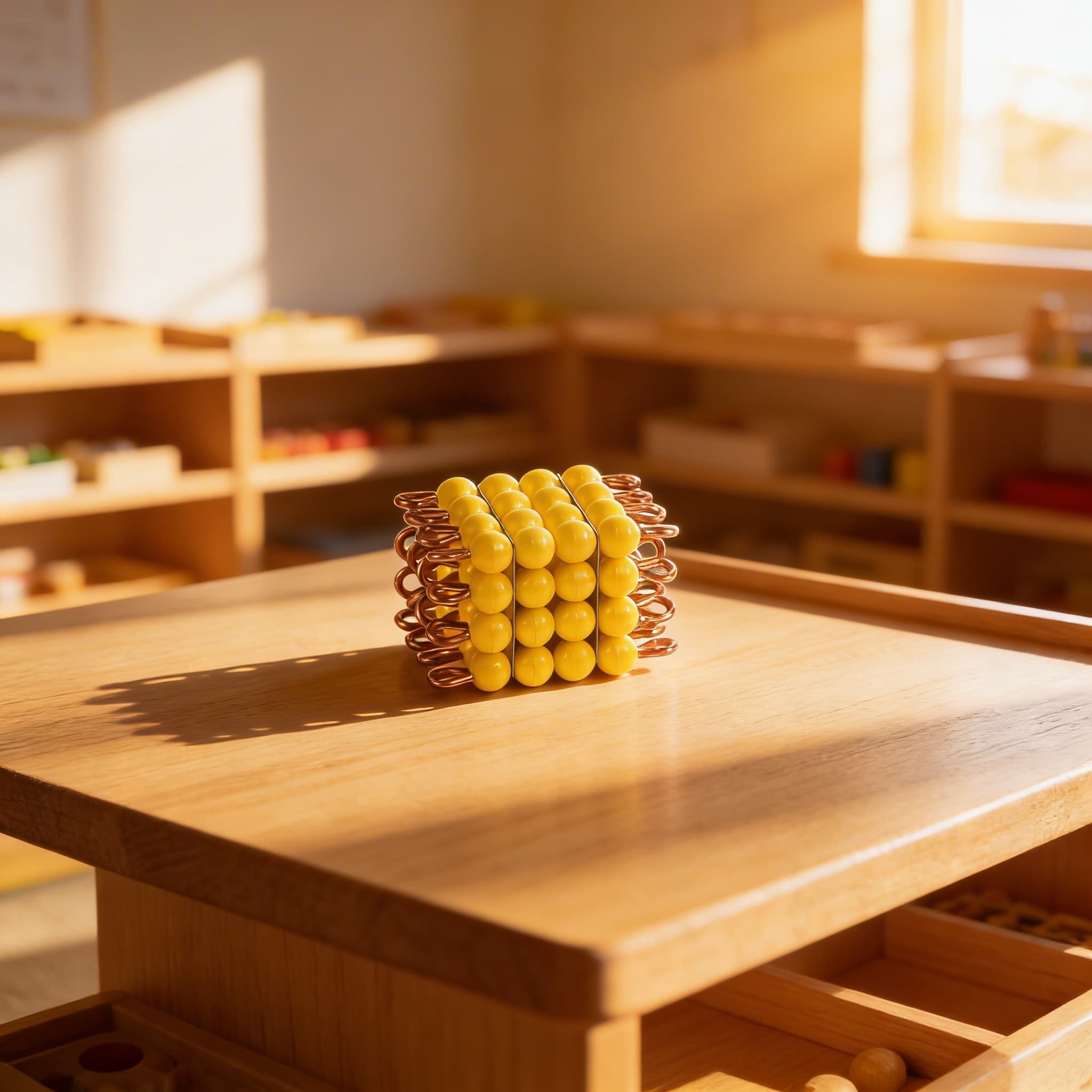 Nylon-Perlenwürfel 4 — Gelb auf Draht für sensorische Mathematik — Im Einsatz