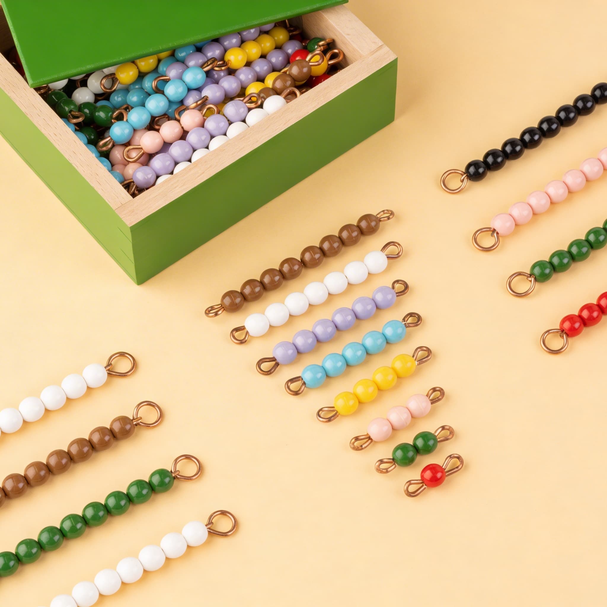 Farbige Perlenstiege — 10 komplette Sets mit einzelnen Nylonperlen — Seitenansicht