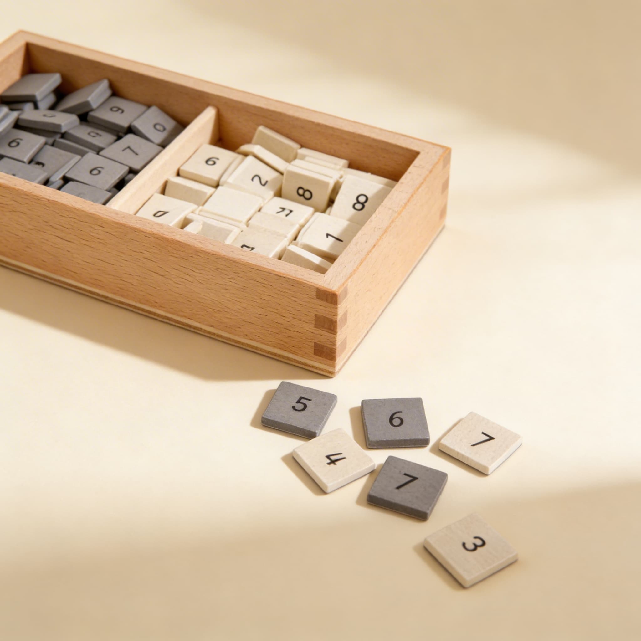 Box s číselnými plátkami — Vizuálne rozlišovanie šedej a bielej — Bočný pohľad