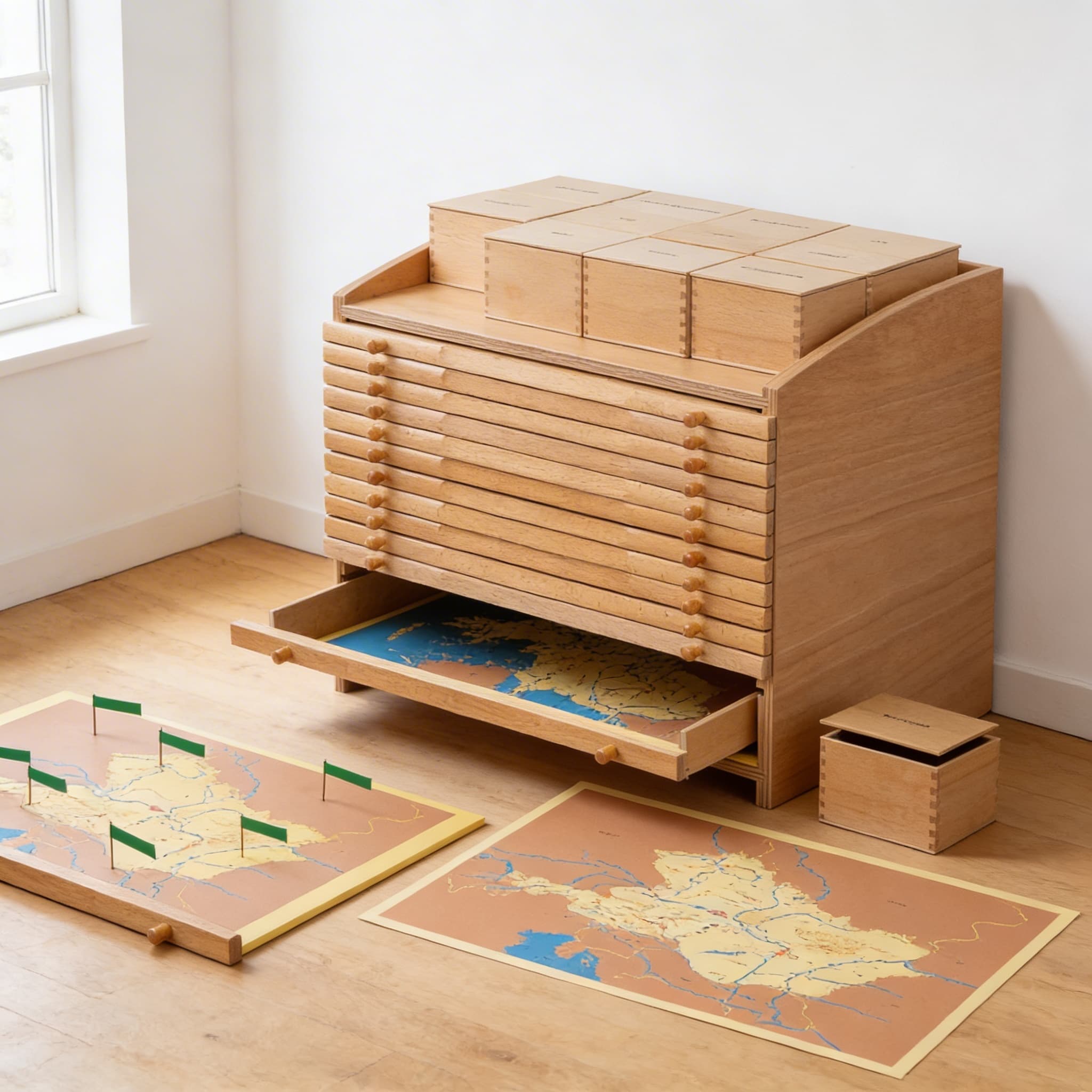 Europa-Geografie-Schrank — Aufbewahrung für Puzzlekarte & Materialien — Seitenansicht