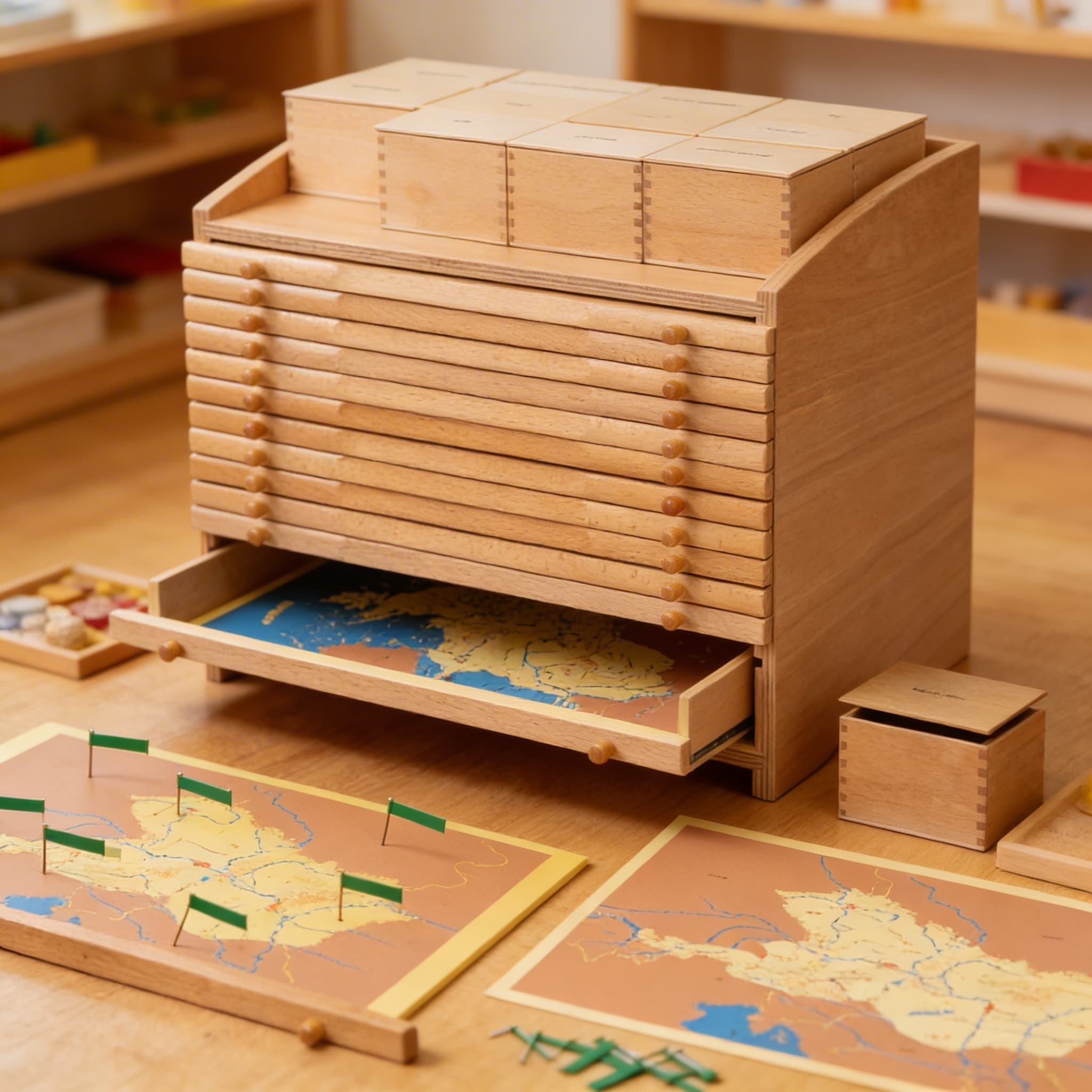 Europa-Geografie-Schrank — Aufbewahrung für Puzzlekarte & Materialien — Detailansicht