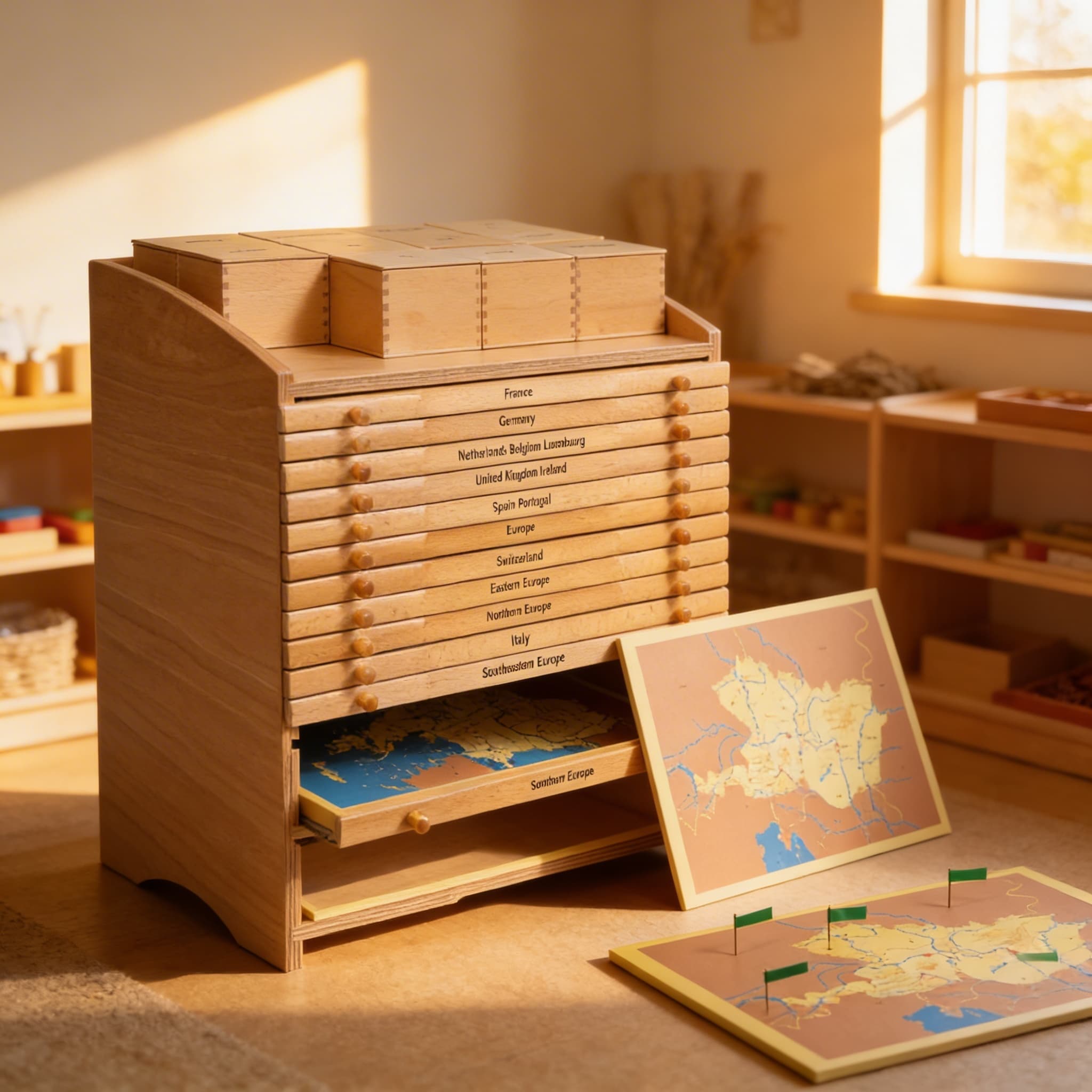 Europa-Geografie-Schrank — Aufbewahrung für Puzzlekarte & Materialien — Im Einsatz