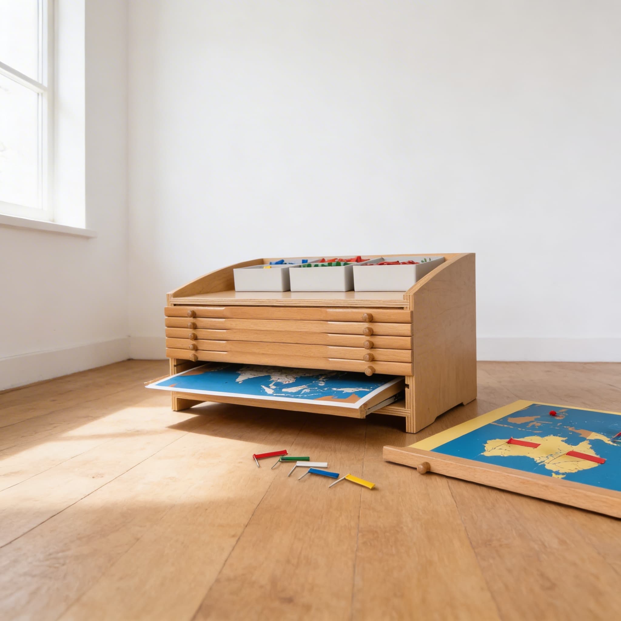 Weltgeografie-Schrank — Vollständige Aufbewahrung für Geografiestunden — Seitenansicht