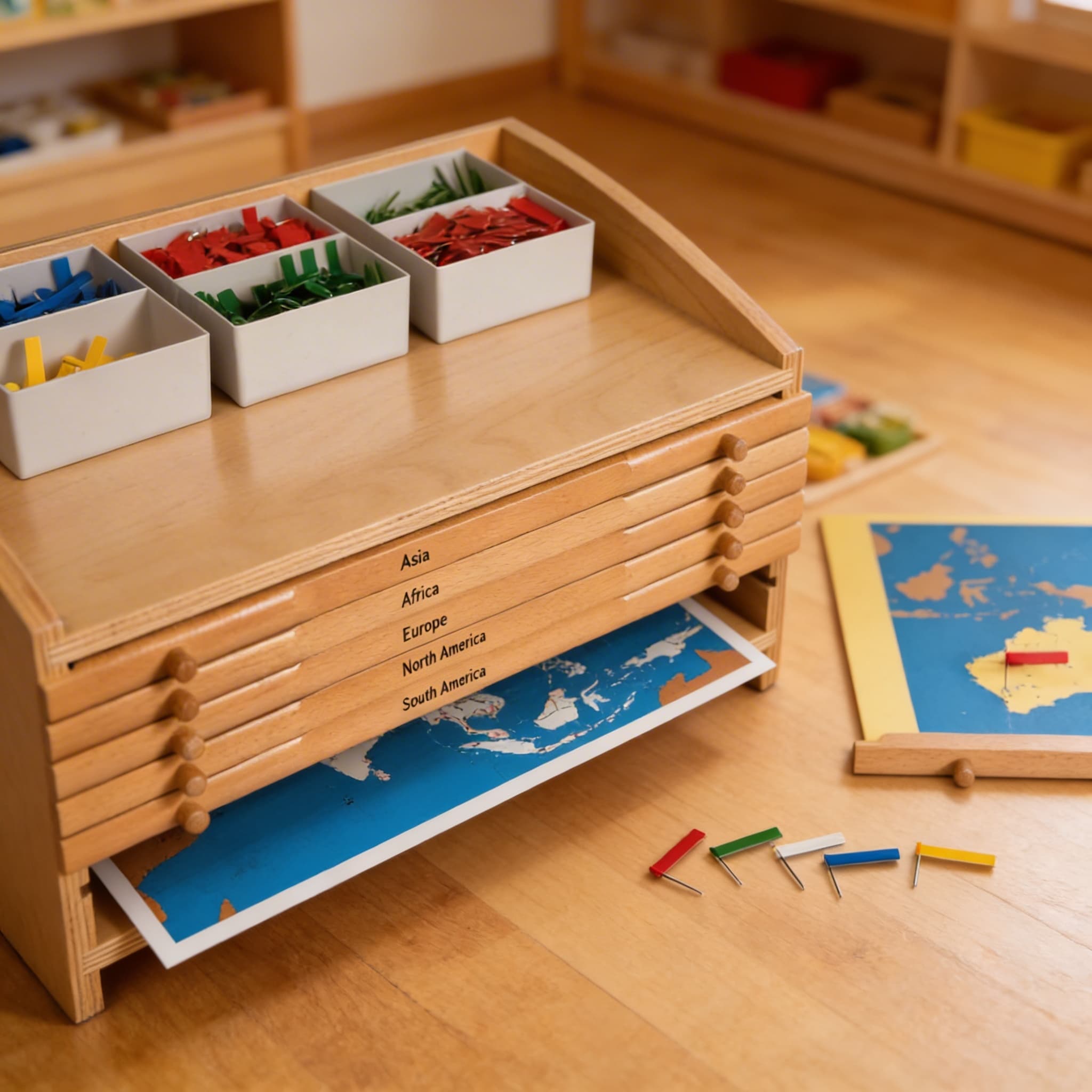 Weltgeografie-Schrank — Vollständige Aufbewahrung für Geografiestunden — Detailansicht