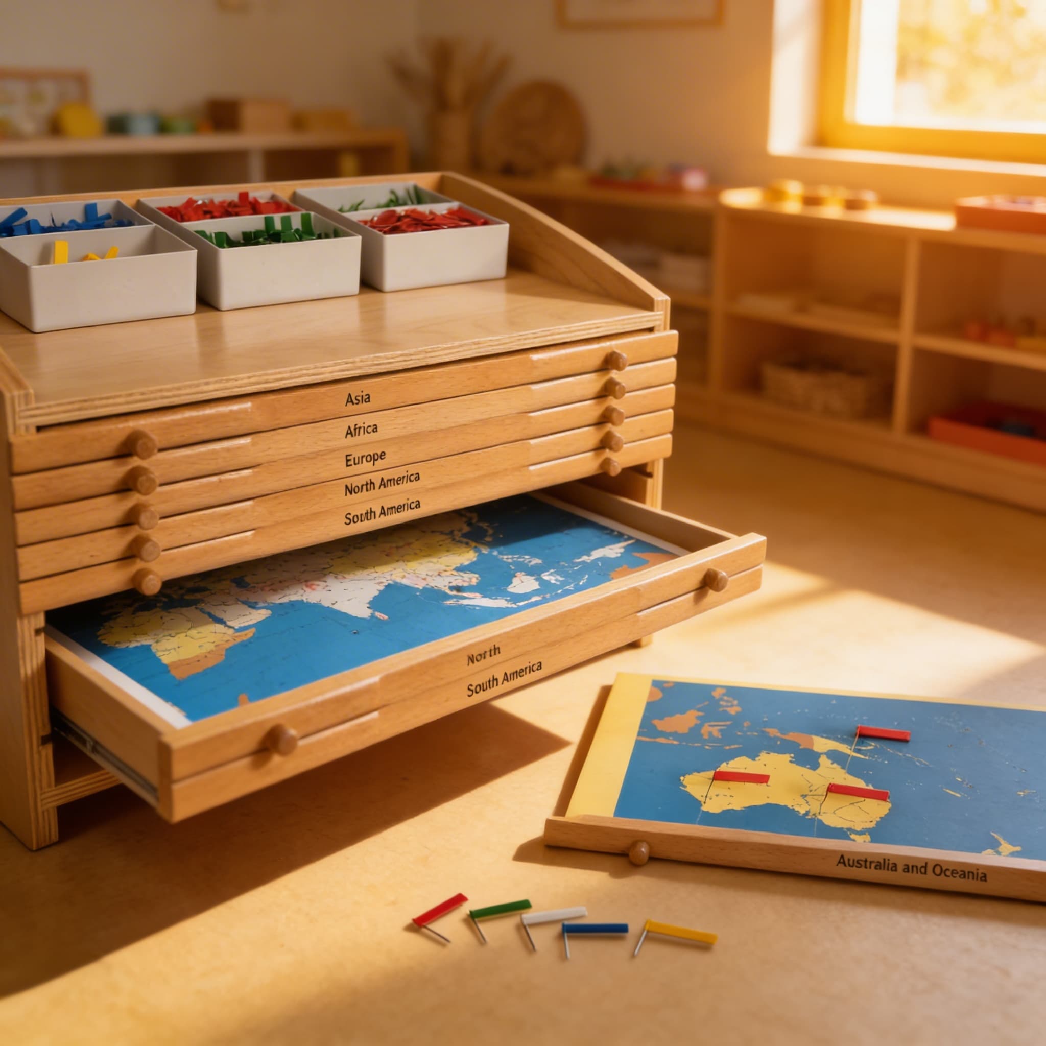 Weltgeografie-Schrank — Vollständige Aufbewahrung für Geografiestunden — Im Einsatz