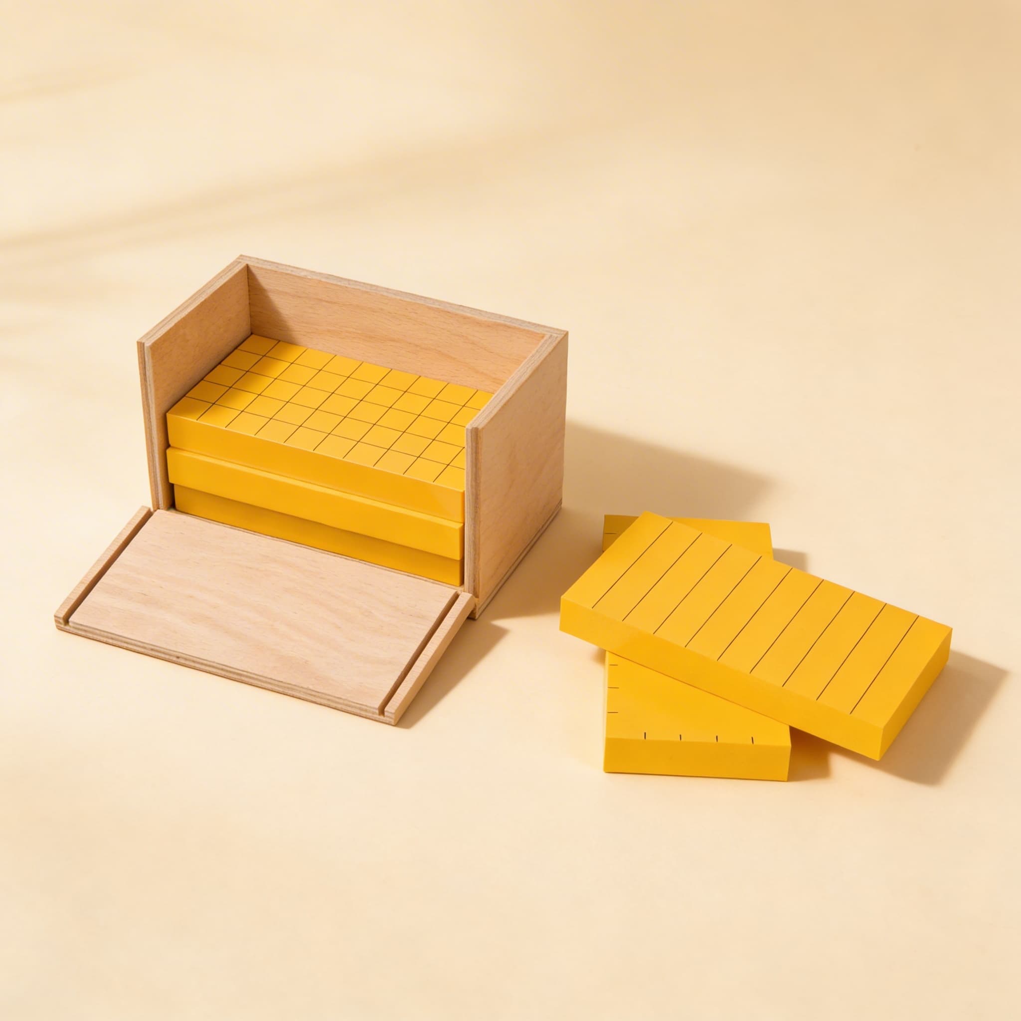 Fünf gelbe Prismen — Geometrie-Set mit Rastermarkierungen — Seitenansicht