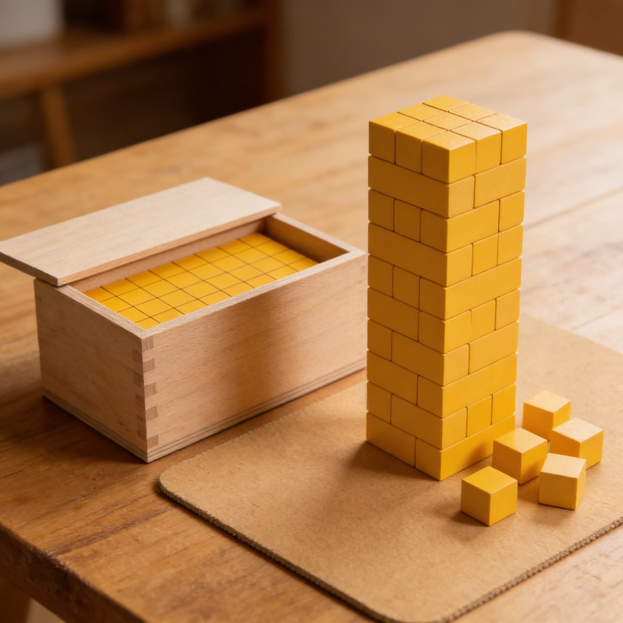 Fünf gelbe Prismen — Geometrie-Set mit Rastermarkierungen — Detailansicht