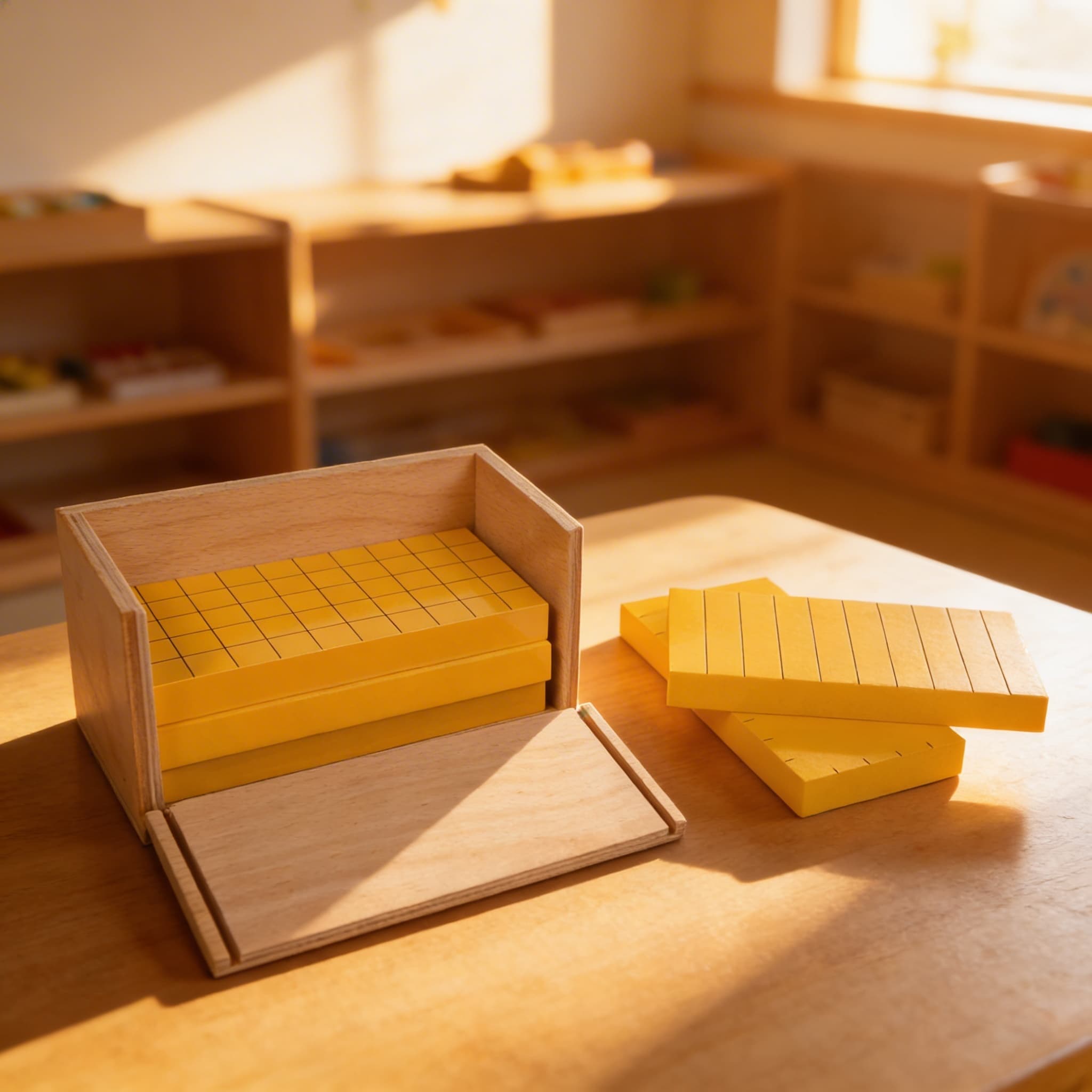 Fünf gelbe Prismen — Geometrie-Set mit Rastermarkierungen — Im Einsatz