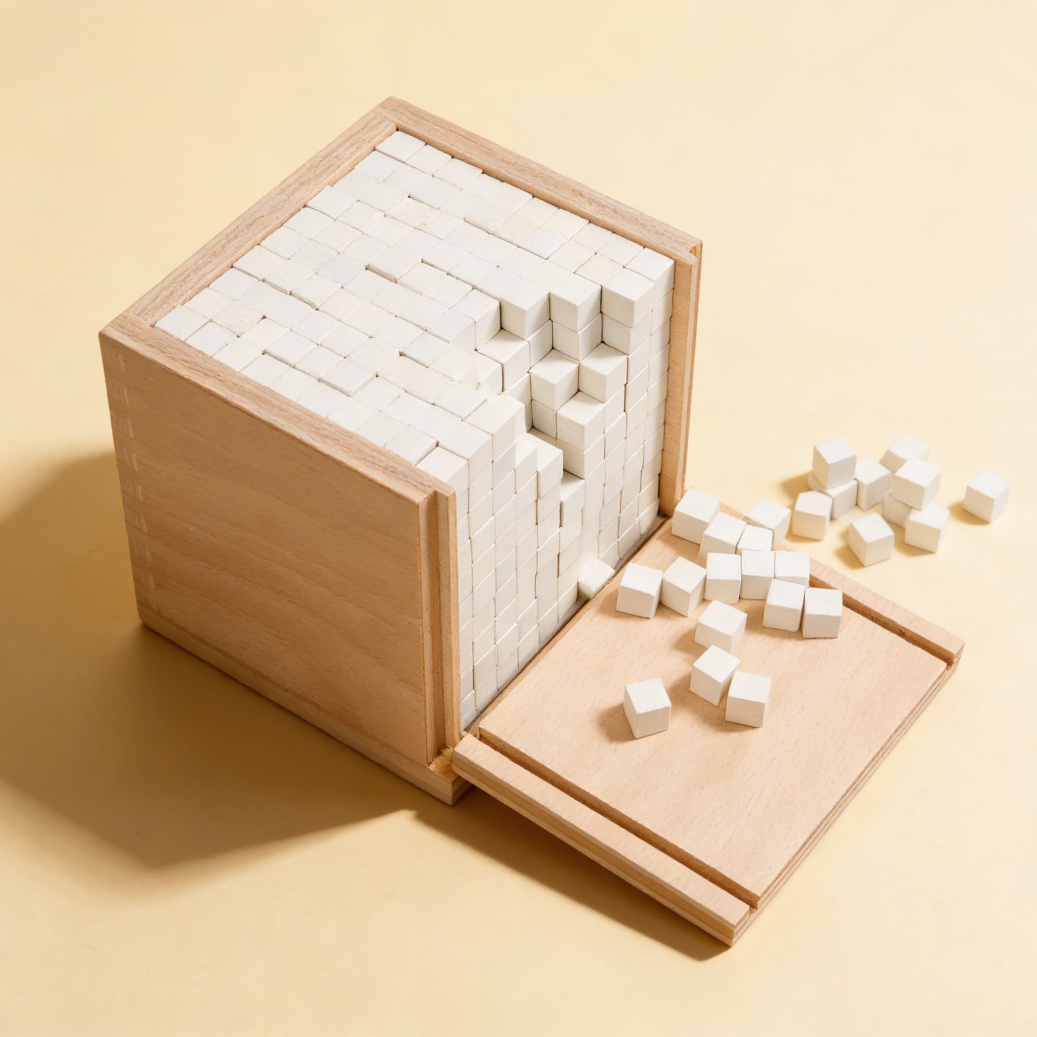 Volumenbox — 1000 Einheitswürfel mit verschiebbarer Demonstrationslade — Seitenansicht