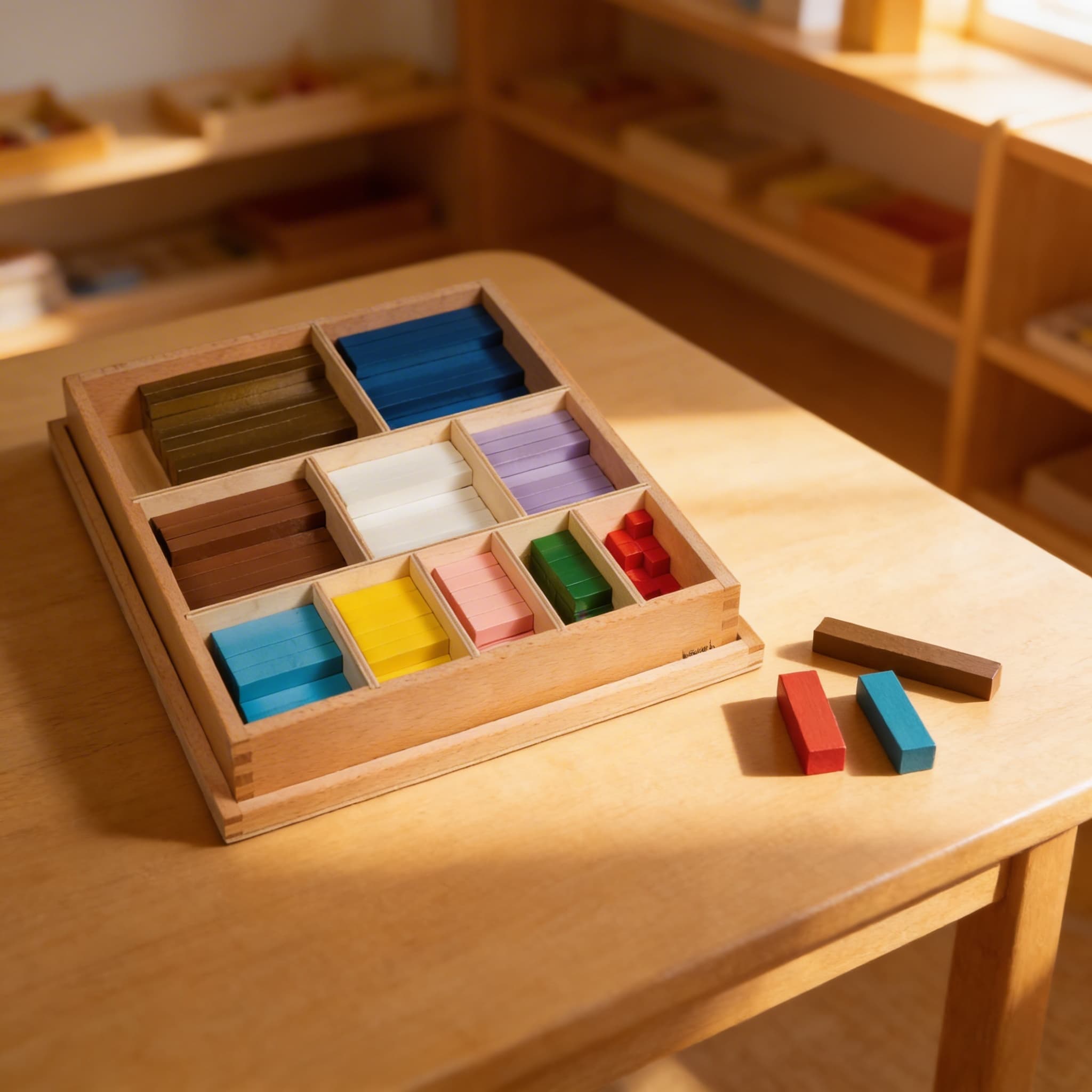 Farbige Zählstäbe — Zehn abgestufte mathematische Holzstäbe — Im Einsatz