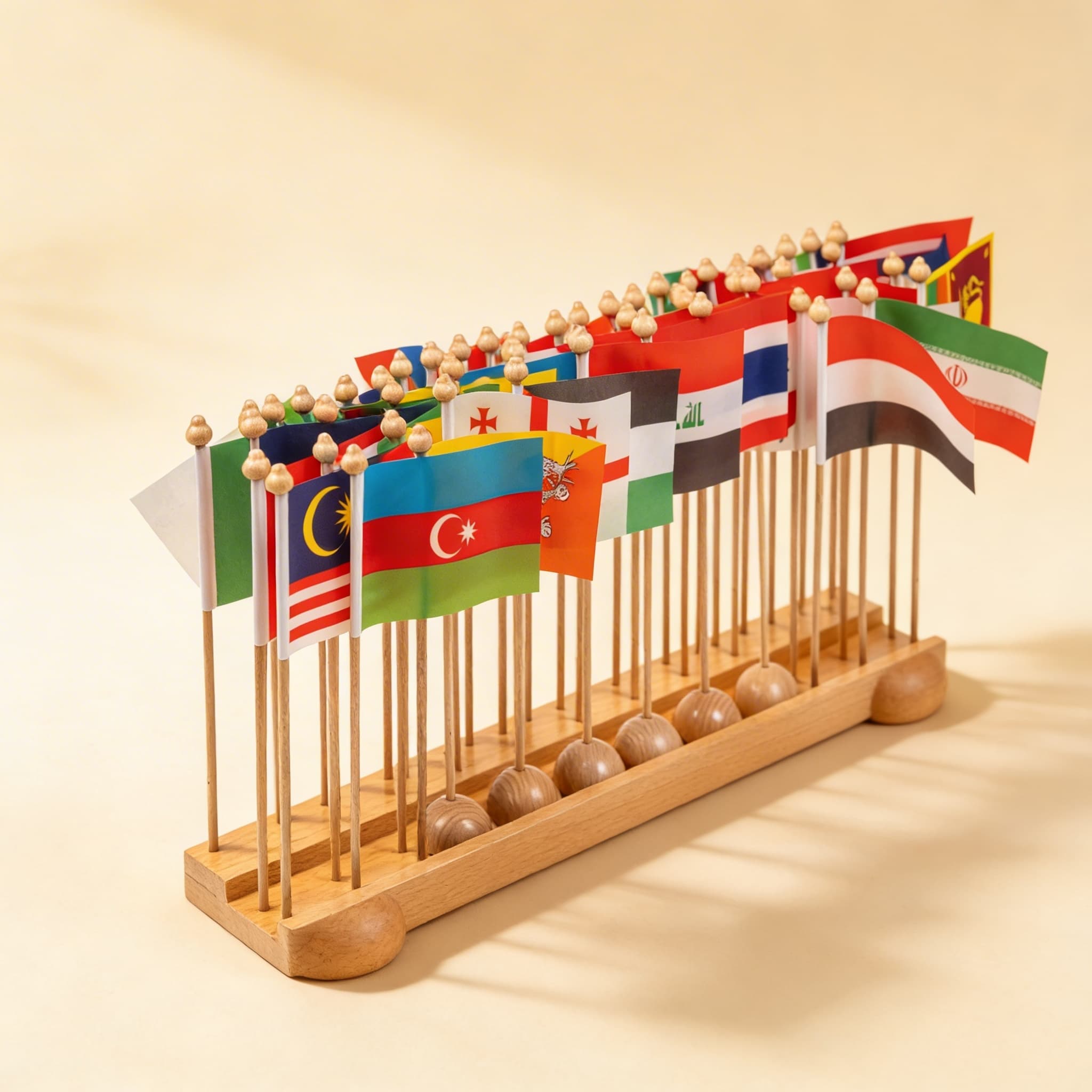 Stojan pro asijské vlajky — rozpoznávání zemí a umisťování — Boční pohled